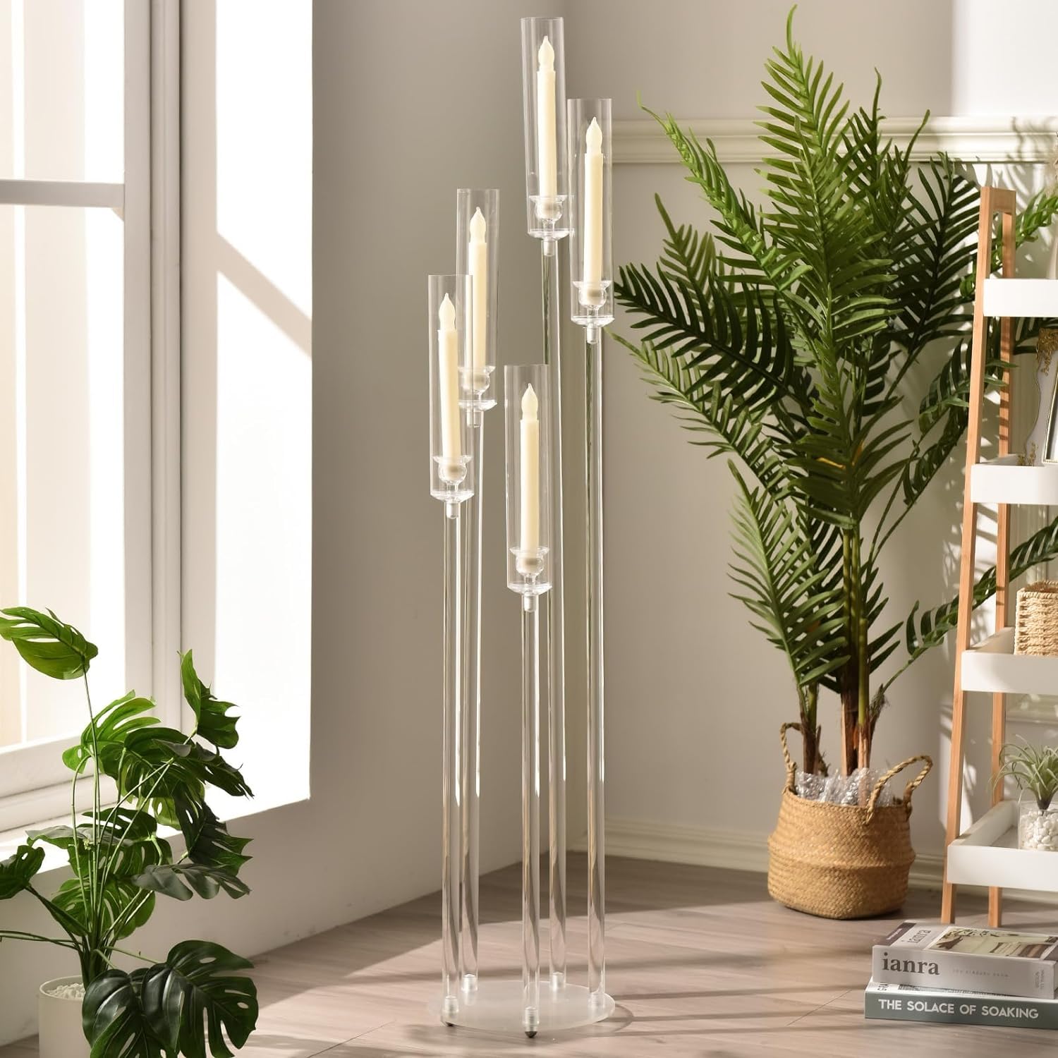4Pcs Clear Acrylic 5-Arm Candelabra - 45.7 Inch Tall Floor Candle Holders for Wedding, Birthday Party & Home Decoration - Fits 0.8