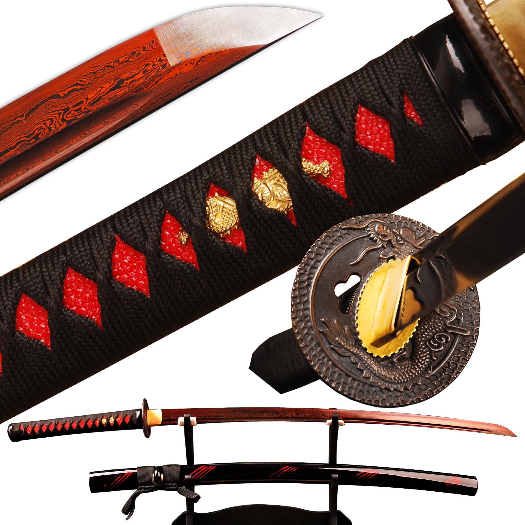 41 Inch Handmade Authentic Japanese Samurai Katana Sword - Full Tang Red Damascus Steel Blade - Collectible Weapon for Martial Arts, Cosplay & Home Decor - Perfect Gift for Men & Sword Enthusiasts
