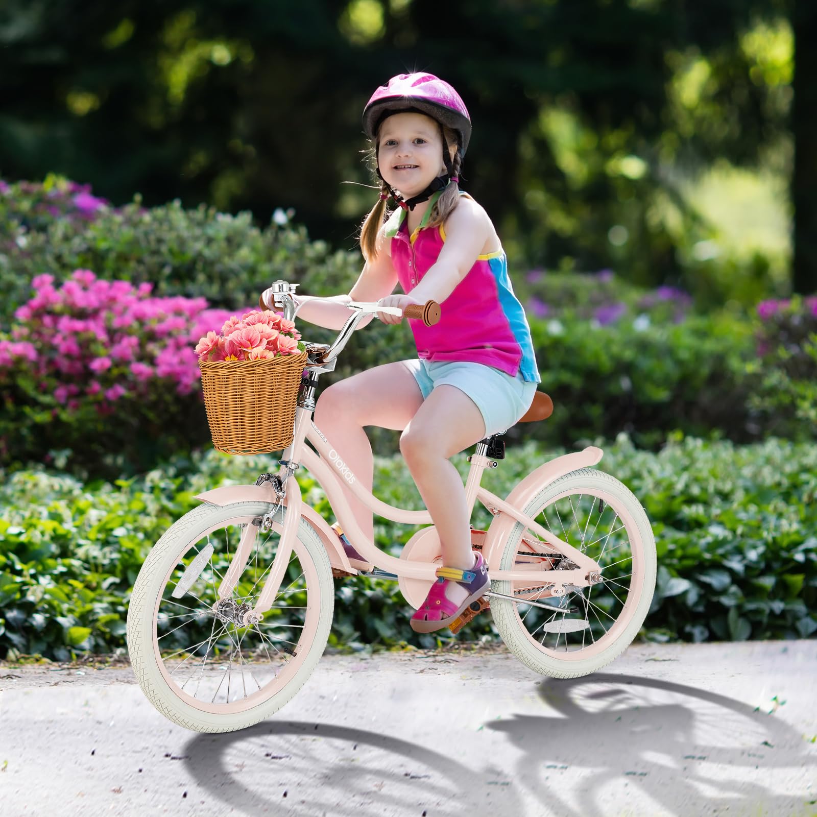 Olakids 14 16 18 Inch Kids Bike with Training Wheels - Adjustable Toddler Bicycle for Boys & Girls Ages 3-8 - Includes Rattan Basket, Safety Bell, Adjustable Seat & Handlebar - Perfect for Neighborhood Rides, Park Adventures & Learning to Cycle