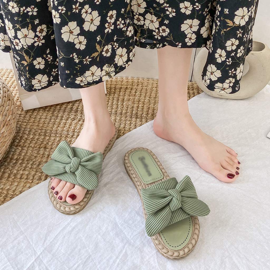 Butterfly Knot Corduroy Women's Non-Slip Indoor Slippers - Comfortable Flat Home Shoes for Spring & Autumn (Green, Size 35) - Perfect for Living Room, Bedroom & Relaxing at Home
