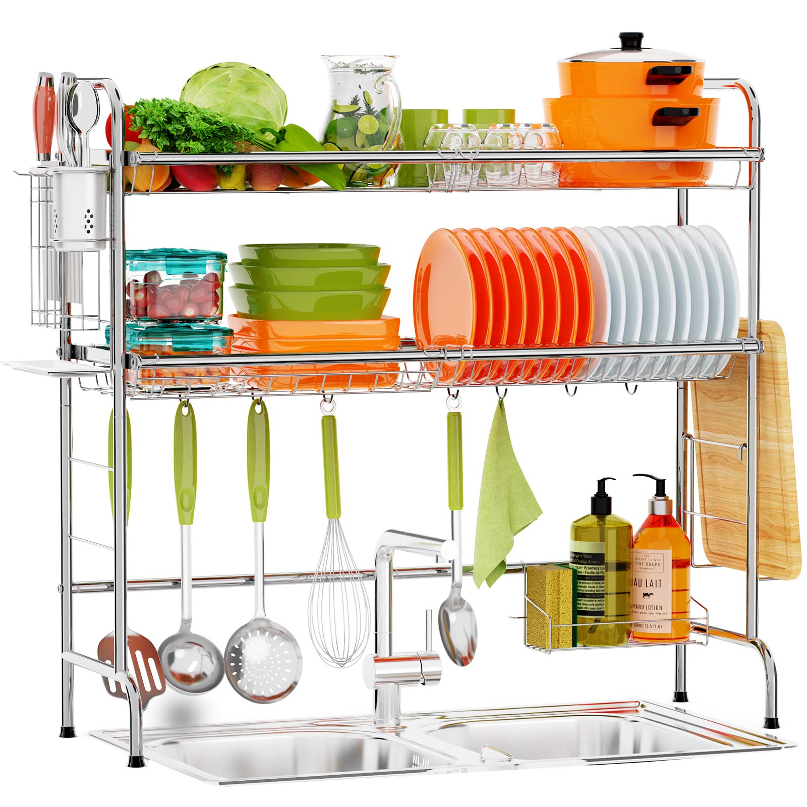 2-Tier Stainless Steel Over The Sink Dish Drying Rack with Utensil Holder Hooks - Large Kitchen Organizer & Above Sink Dish Drainer (Silver) - Perfect for Small Kitchens, Apartments, and Countertop Space Saving