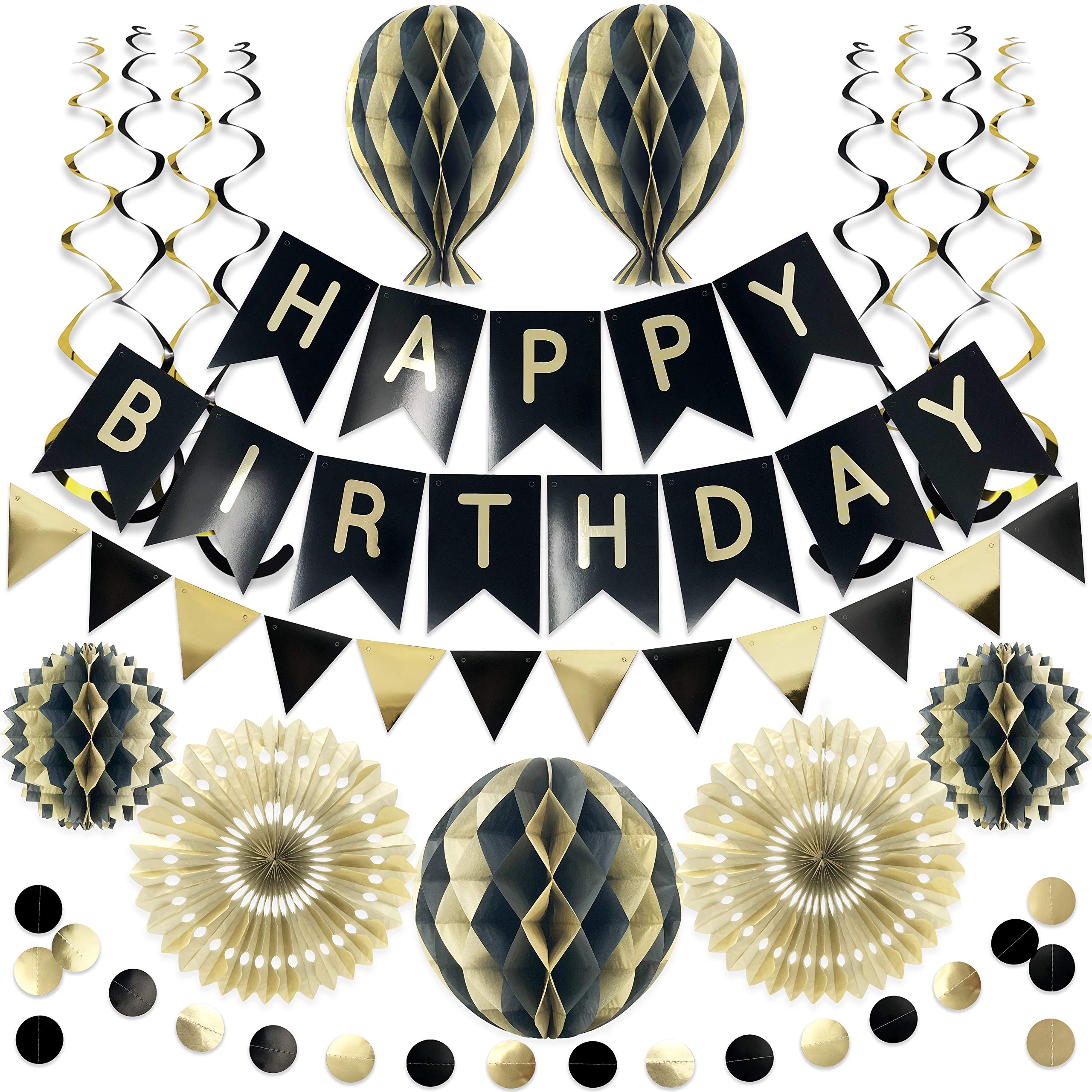 Premium Reusable Happy Birthday Decorations for Men, Boys & Adults - Black & Gold Birthday Banner & Party Supplies - Perfect for Home, Office & Birthday Party Decor