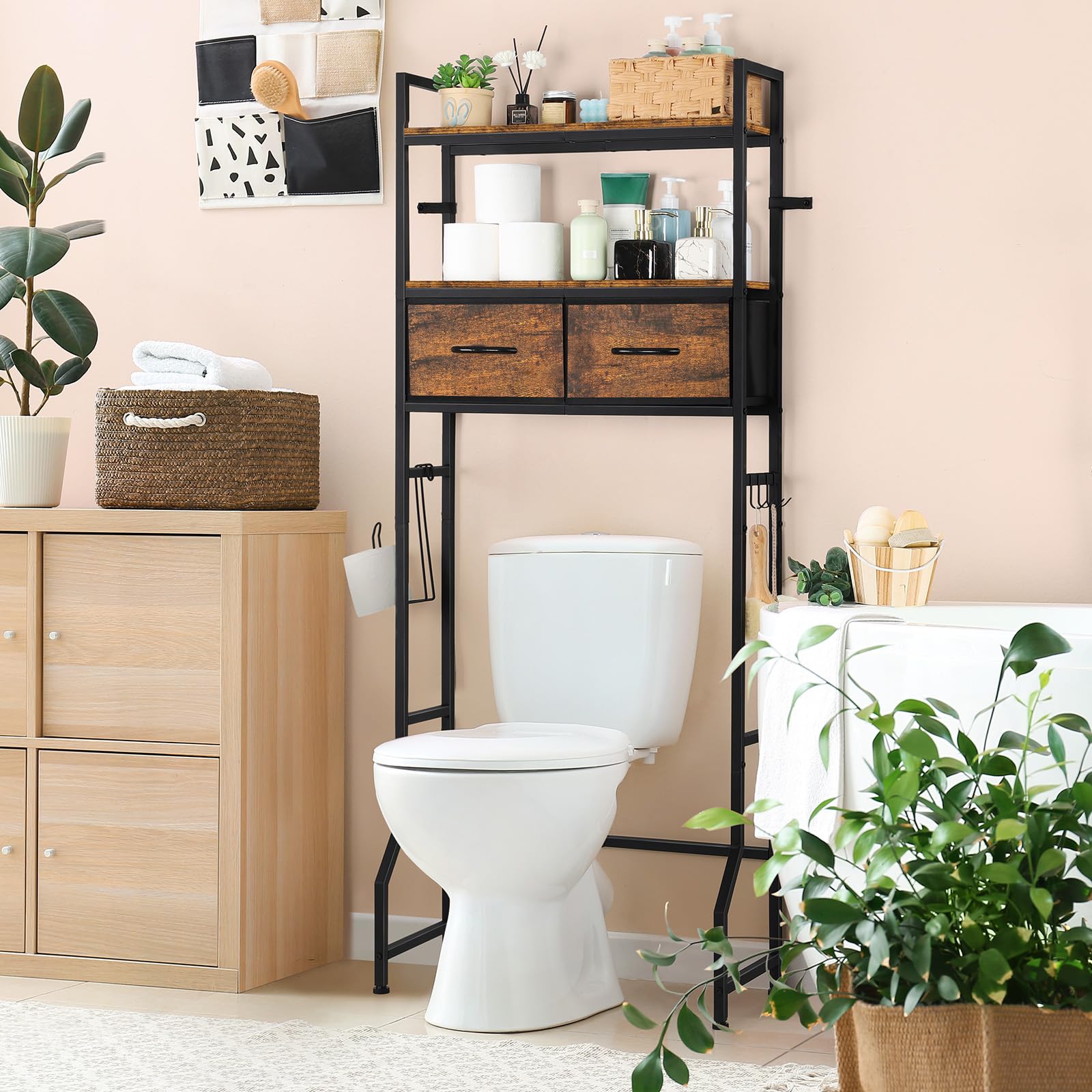 YBING Over The Toilet Bathroom Storage Cabinet - Freestanding Tall Bathroom Shelf Organizer with Fabric Drawer & Toilet Paper Holder - Space Saving Brown Bathroom Organizer for Small Bathrooms, Apartments & Dorm Rooms
