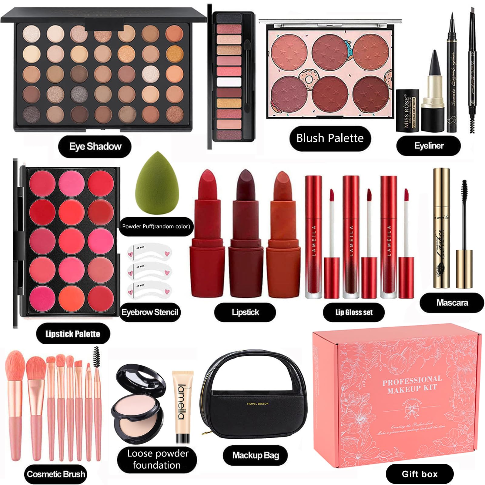 All-in-One Makeup Kit for Women - Black, Portable for Travel & Daily Use