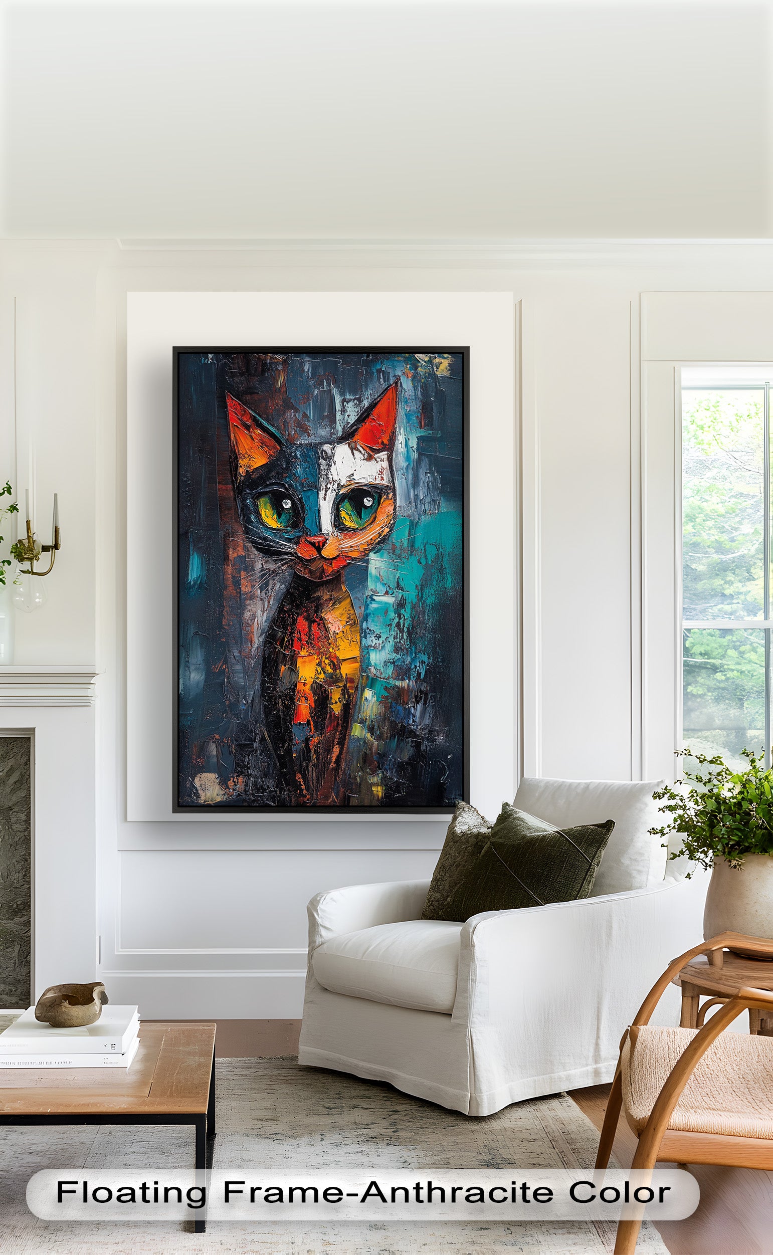 Abstract Cat Portrait with Neon Hues - Vibrant Animal Oil Painting Wall Art for Living Room, Bedroom & Office Decor