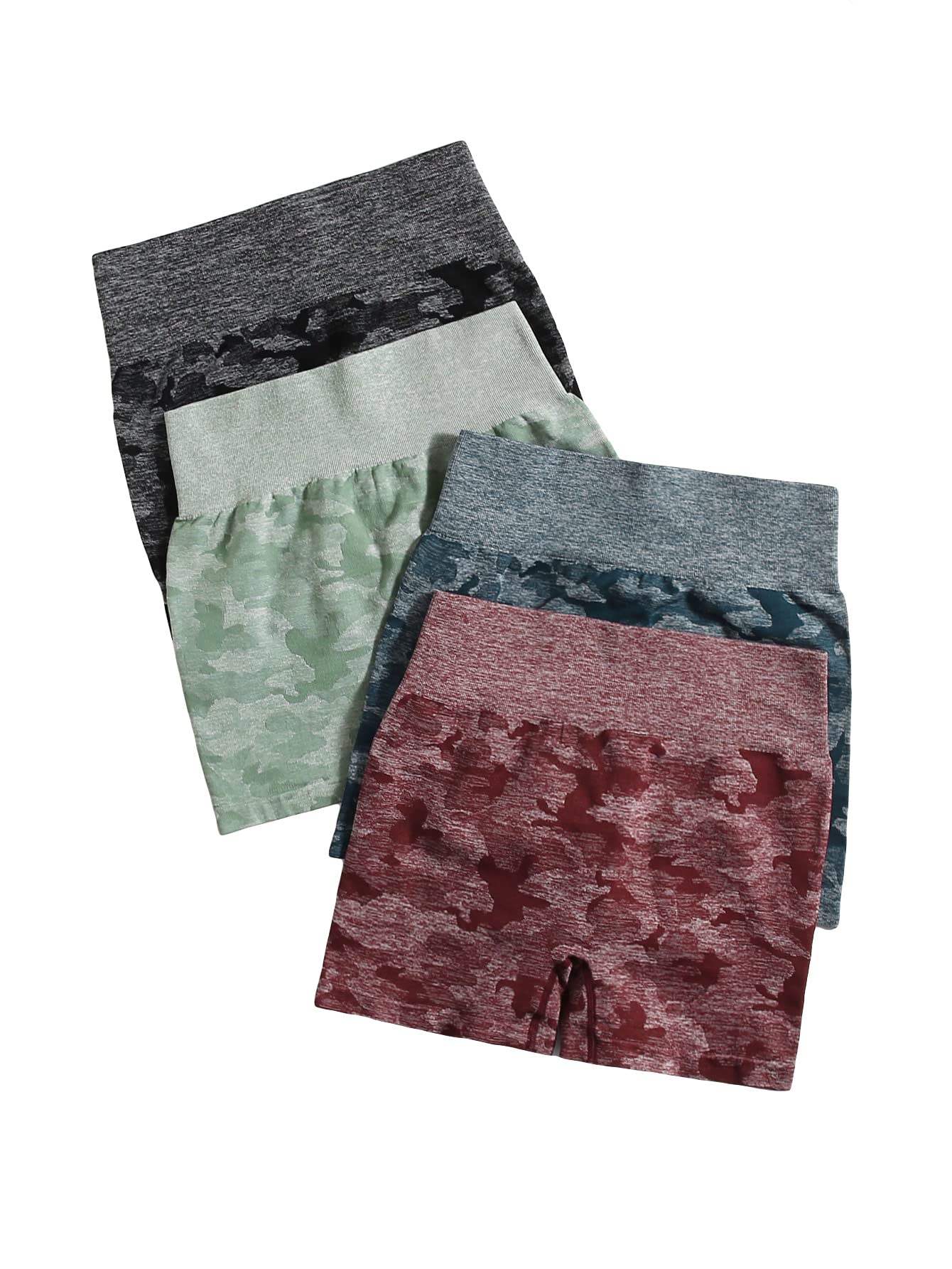OYOANGLE Women's 4-Pack Camo Print Seamless Yoga Shorts - High Waisted Workout Running Athletic Shorts for Gym, Fitness & Lounge Wear