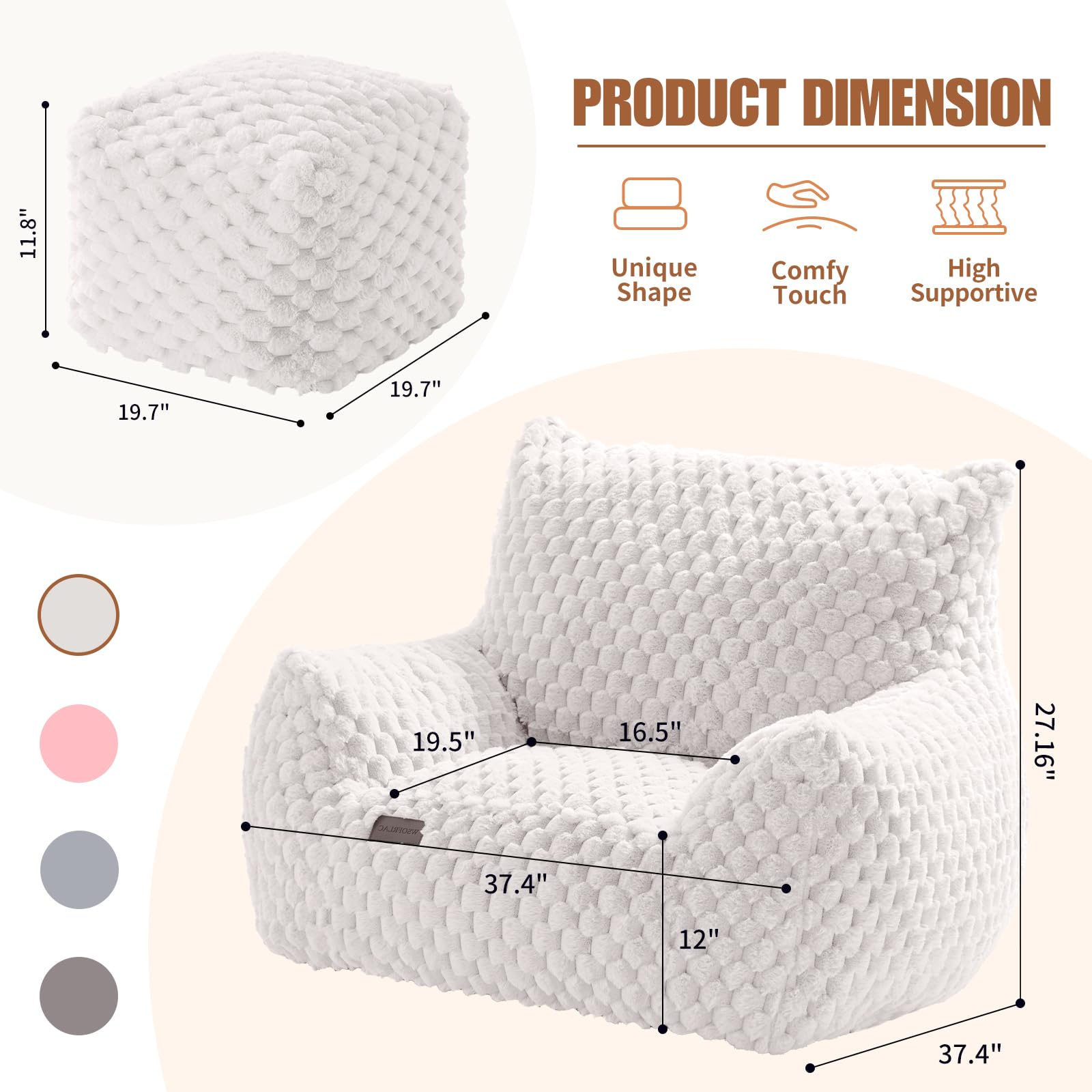 Premium Giant Bean Bag Chair with Ottoman - Ultra Soft Faux Fur Lounge Chair for Adults & Teens, Large Comfy Reading Sofa for Bedroom, Living Room, Dorm - Perfect for Relaxing, Gaming & Movie Nights
