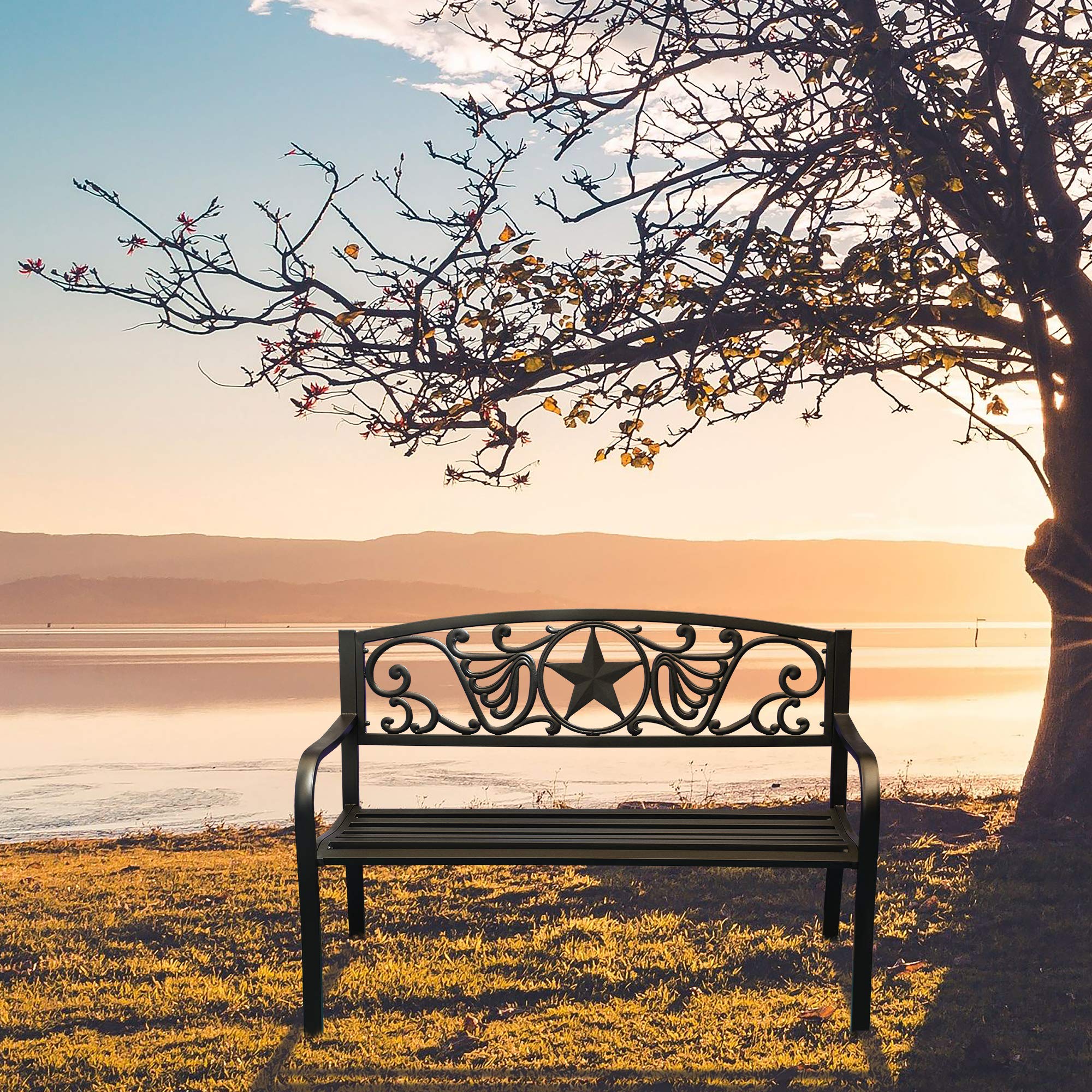 4.1 Ft Steel Frame Garden Bench - Outdoor Patio Chair with Star Design, 2-Person Loveseat for Yard, Park & Backyard Seating | Durable Slatted Seat Backrest | Perfect for Gardens, Decks, Poolside & Outdoor Relaxation
