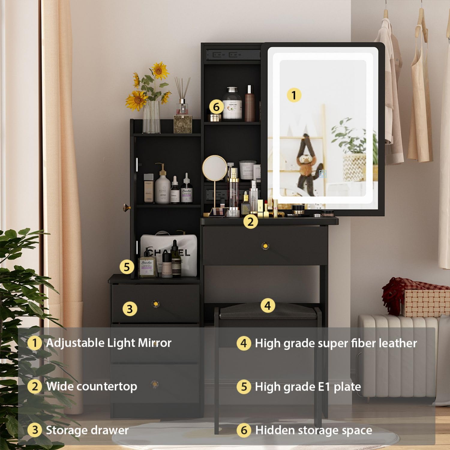 FAMAPY Black Vanity Mirror with LED Lights, Makeup Vanity Desk Set with Sliding Mirror, Storage Drawers & Crystal Handles - Includes Cushioned Stool for Bedroom, Dressing Room or Beauty Salon