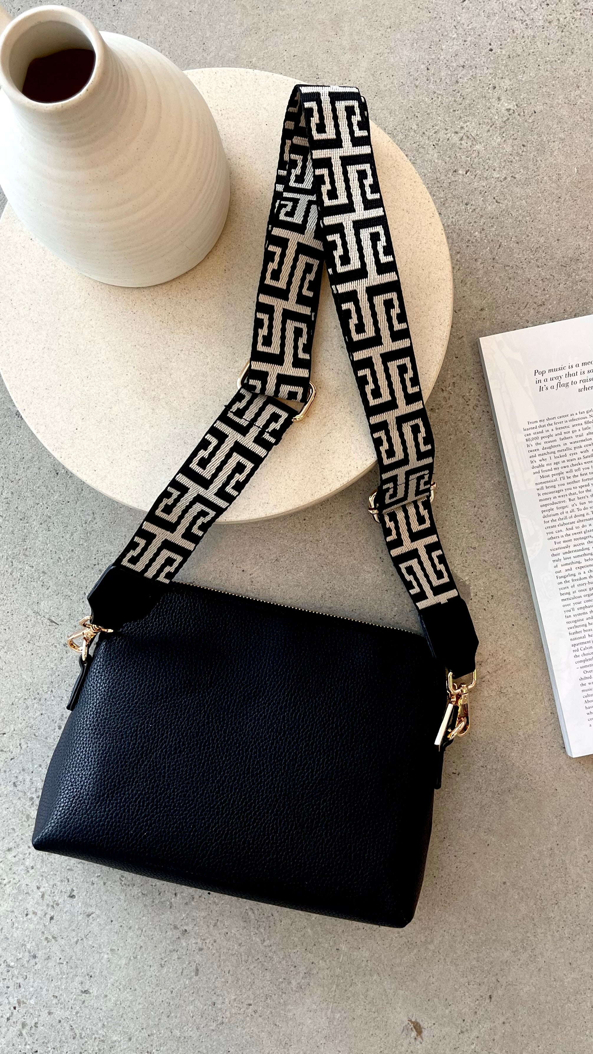 Giselle Geo Webbing Crossbody Bag for Women - Stylish Black Shoulder Purse for Everyday Use, Travel & Shopping