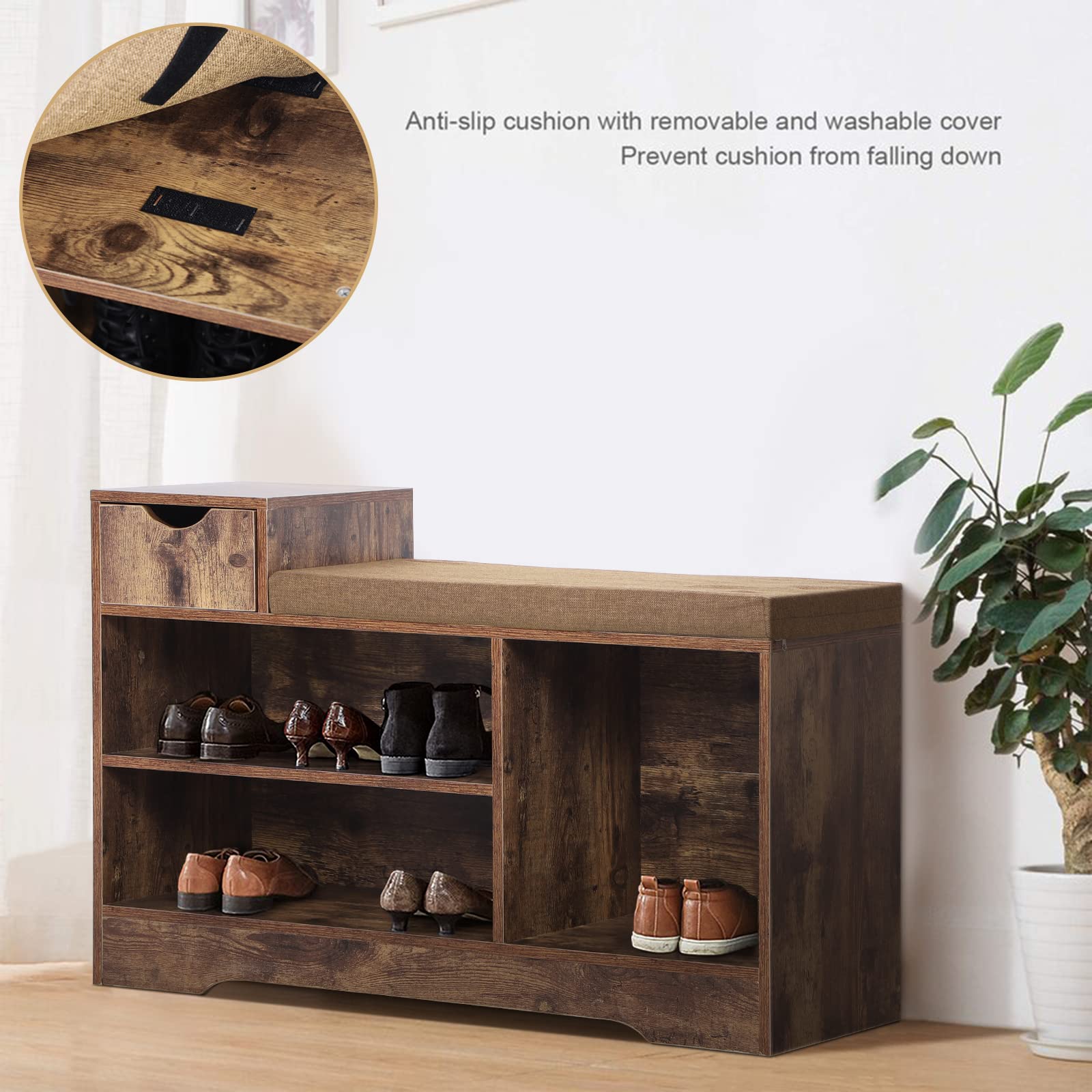 PHI VILLA Rustic Brown Shoe Storage Bench with Cushion - Entryway Shoe Organizer Cabinet for Living Room, Hallway & Mudroom - Perfect for Small Spaces & Home Organization