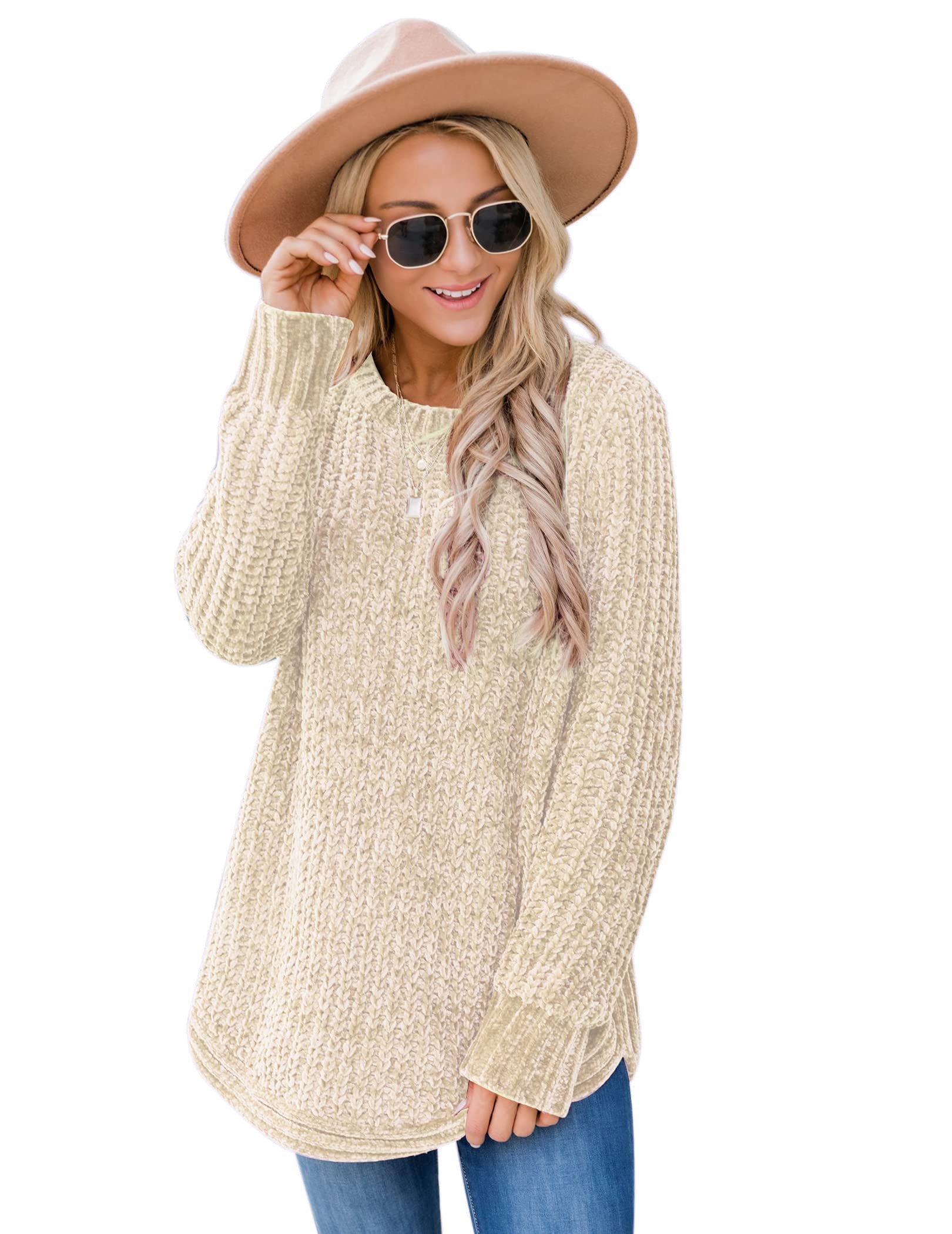 Chigant Women's Chenille Sweaters - Soft Long Sleeve Pullover Jumper with Round Neck, Sizes S-XXL | Cozy Fall & Winter Knitwear for Casual Outfits & Office Wear
