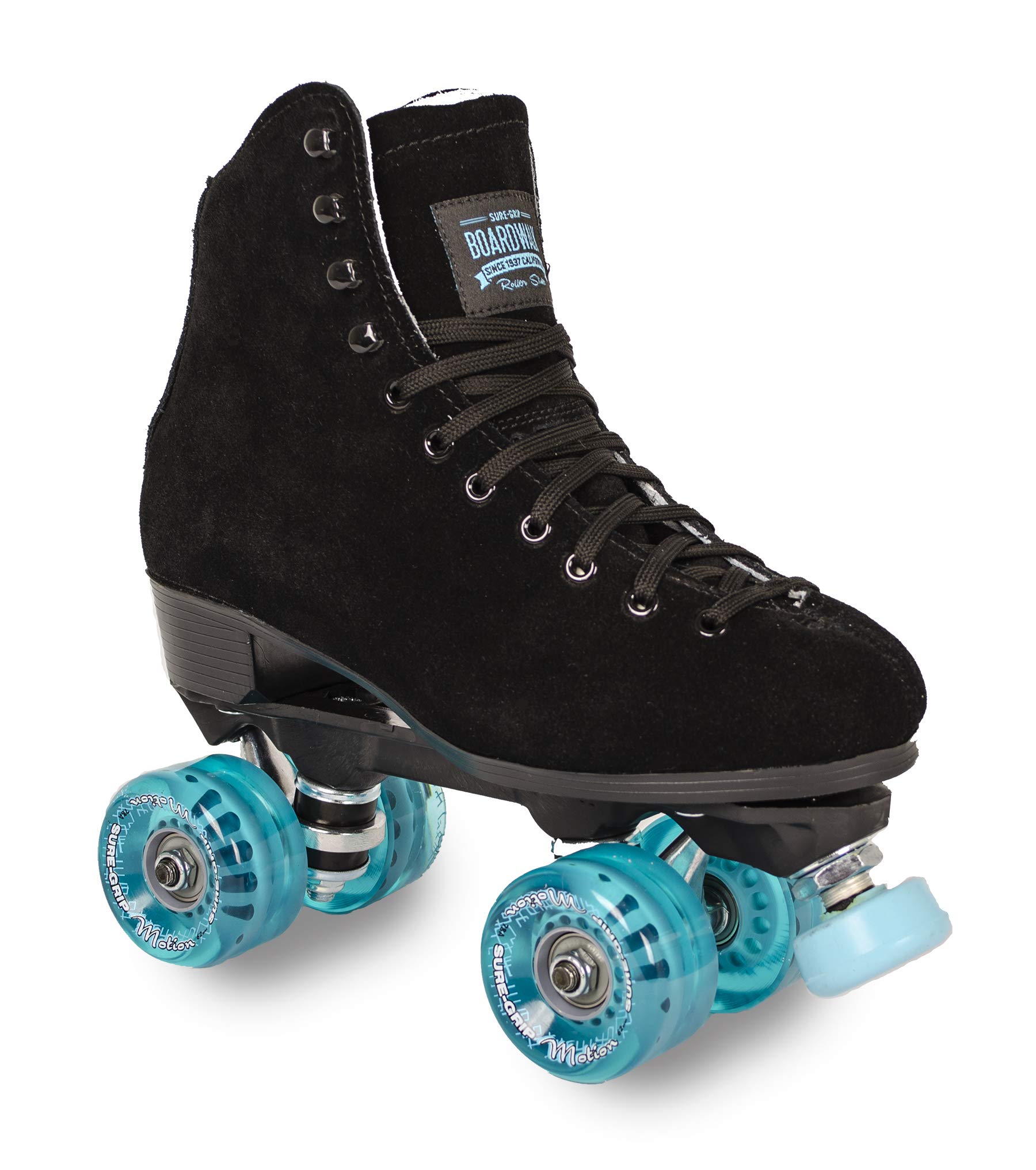 Sure Grip Boardwalk Unisex Outdoor Roller Skates - Premium Nylon & Suede Construction with ABEC-3 Bearings, 78A Soft 62mm Wheels & Nylon Rock Plate - Black/Blue Motion Wheels for Park Skating, Trail Riding & Outdoor Roller Derby