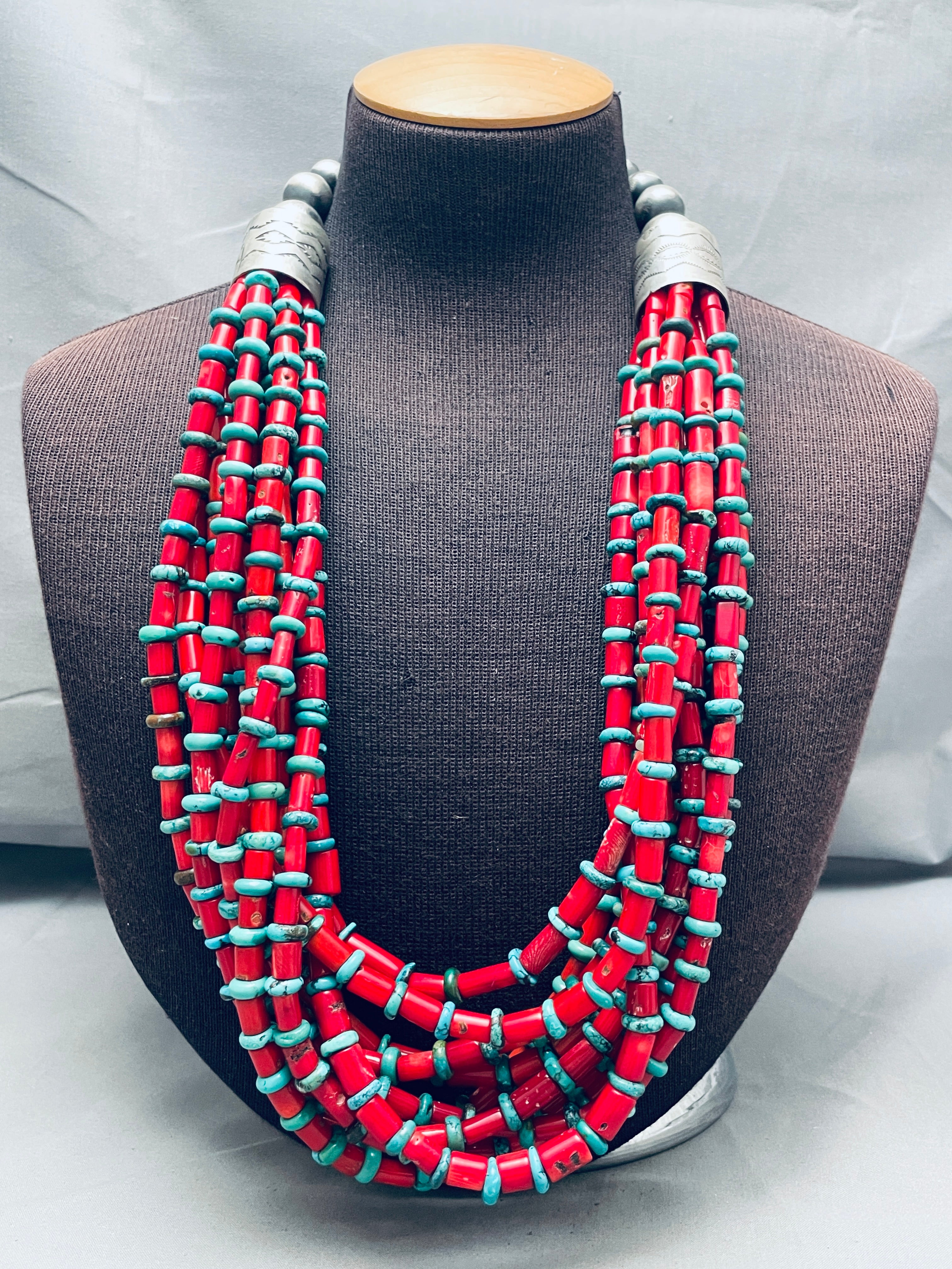 Authentic Navajo Coral Sterling Silver Turquoise Necklace - 614g Handcrafted Native American Jewelry for Women - Perfect for Weddings, Festivals & Boho Fashion