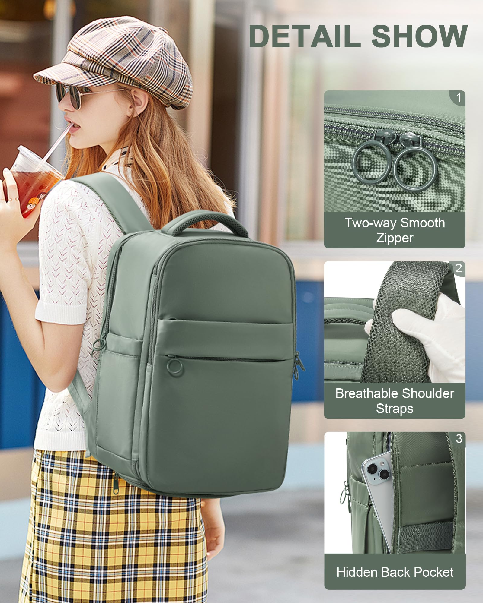 Women's Waterproof Travel Backpack - TSA Approved Carry On Backpack with Shoe Compartment & Flight Essentials | Perfect for Airplane Travel, Business Trips & Weekend Getaways | Green