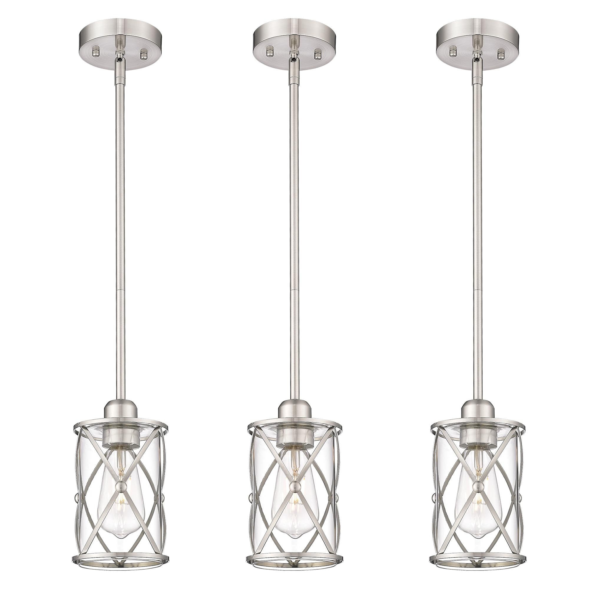 Brushed Nickel Pendant Lights 3 Pack - Modern Glass Kitchen Island Lighting with Adjustable Rod, Mini Hanging Lights for Kitchen Sink, Dining Room, Bar Counter - Perfect for Home, Restaurant, and Cafe Decor (CH9176BN-3PK)