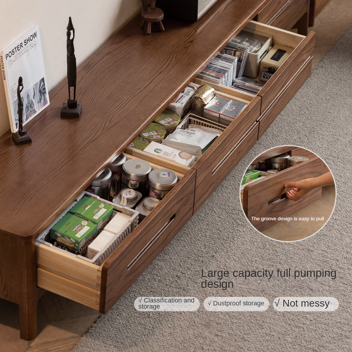 Solid Oak Wood TV Stand - Modern Entertainment Center with Storage Shelves for Living Room, Bedroom & Home Theater