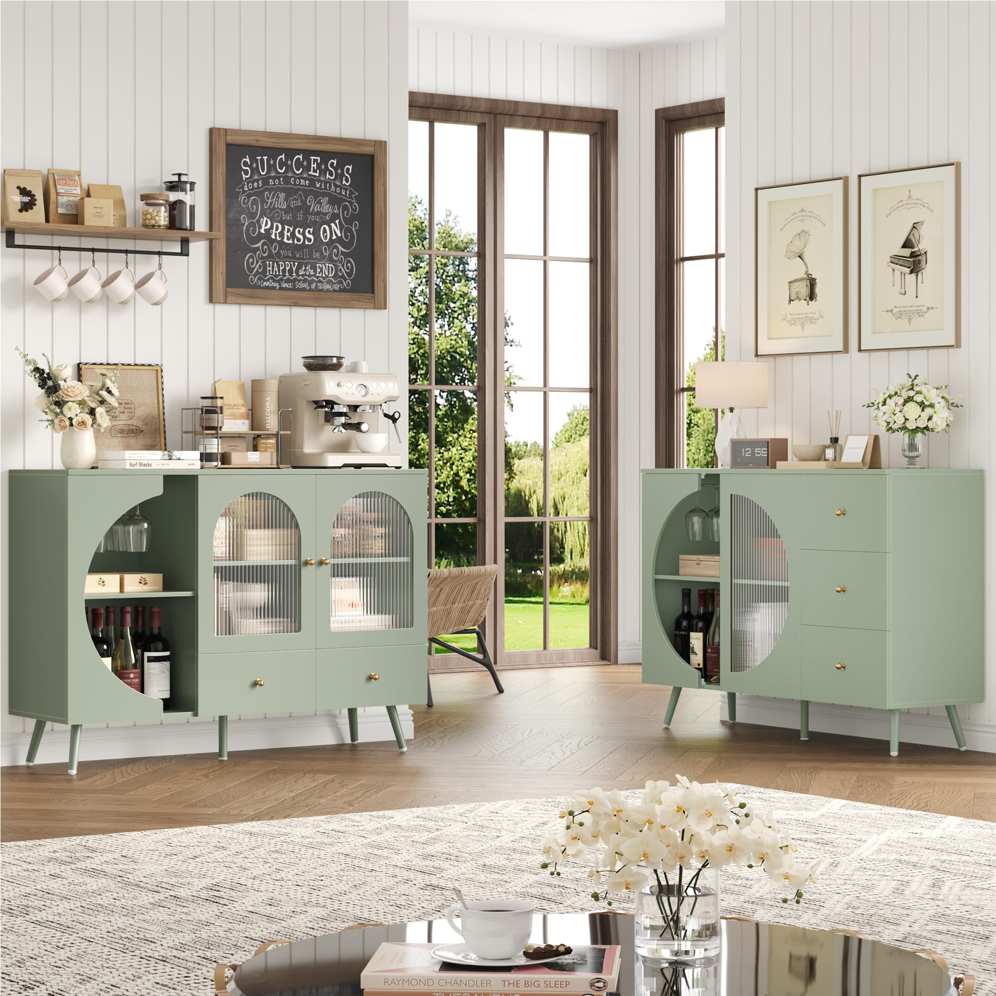 Modern Coffee Bar Cabinet with 2 Drawers & Fluted Glass Door - Kitchen Buffet Sideboard, Wine Storage for Living Room | Space-Saving Home Bar Furniture for Entertaining & Small Apartments
