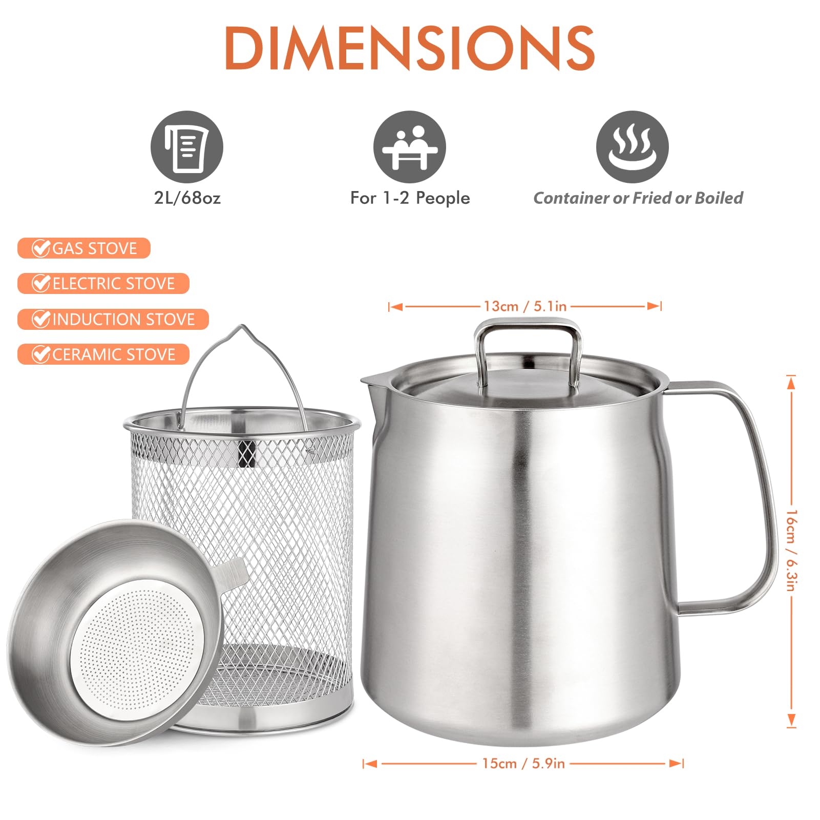 2L Stainless Steel Oil Filter Pot with Strainer - Large Capacity Bacon Grease Saver, Fine Mesh Removable Cooking Oil Filter & Frying Basket - Perfect for Kitchen, Storing Grease, Deep Frying, and Food Preparation