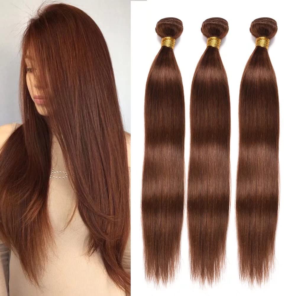 FEEL ME Brazilian Straight Hair Bundles - Color 4 Light Brown 100% Human Hair Weave - Soft Silky Unprocessed Virgin Hair - 3 Bundles (12 14 16 Inches) - Perfect for Sew-in Weaves, Clip-in Extensions & Natural Hairstyles