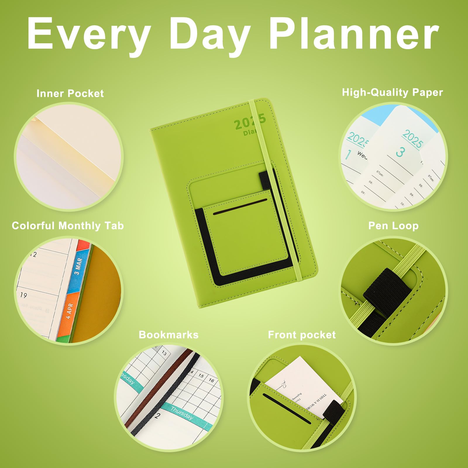 2025 Academic Planner & Daily Diary - January to December A5 Page-a-Day Organizer with Colorful Monthly Tabs, Inner Pocket & Elastic Closure (Green) - Perfect for Students, Teachers & Office Professionals