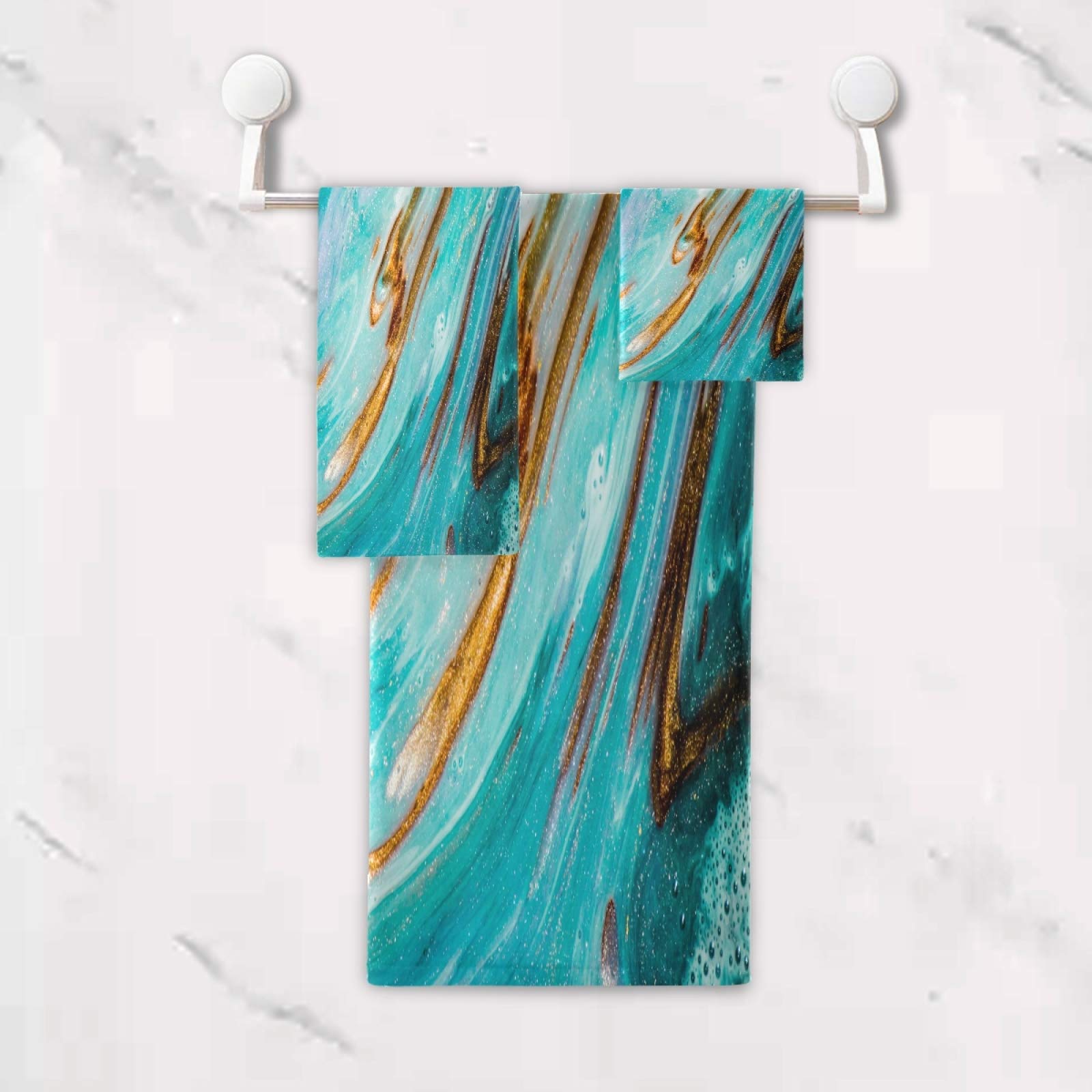 Teal Turquoise Marble Bath Towel Set - 3 Piece Gold Blue Marble Stone Hand Towels & Washcloth - Soft, Thin & Durable for Home, Bathroom, Hotel, Gym, Swim & Spa Decor - Perfect for Luxury Bathing, Guest Towels & Spa Day Essentials