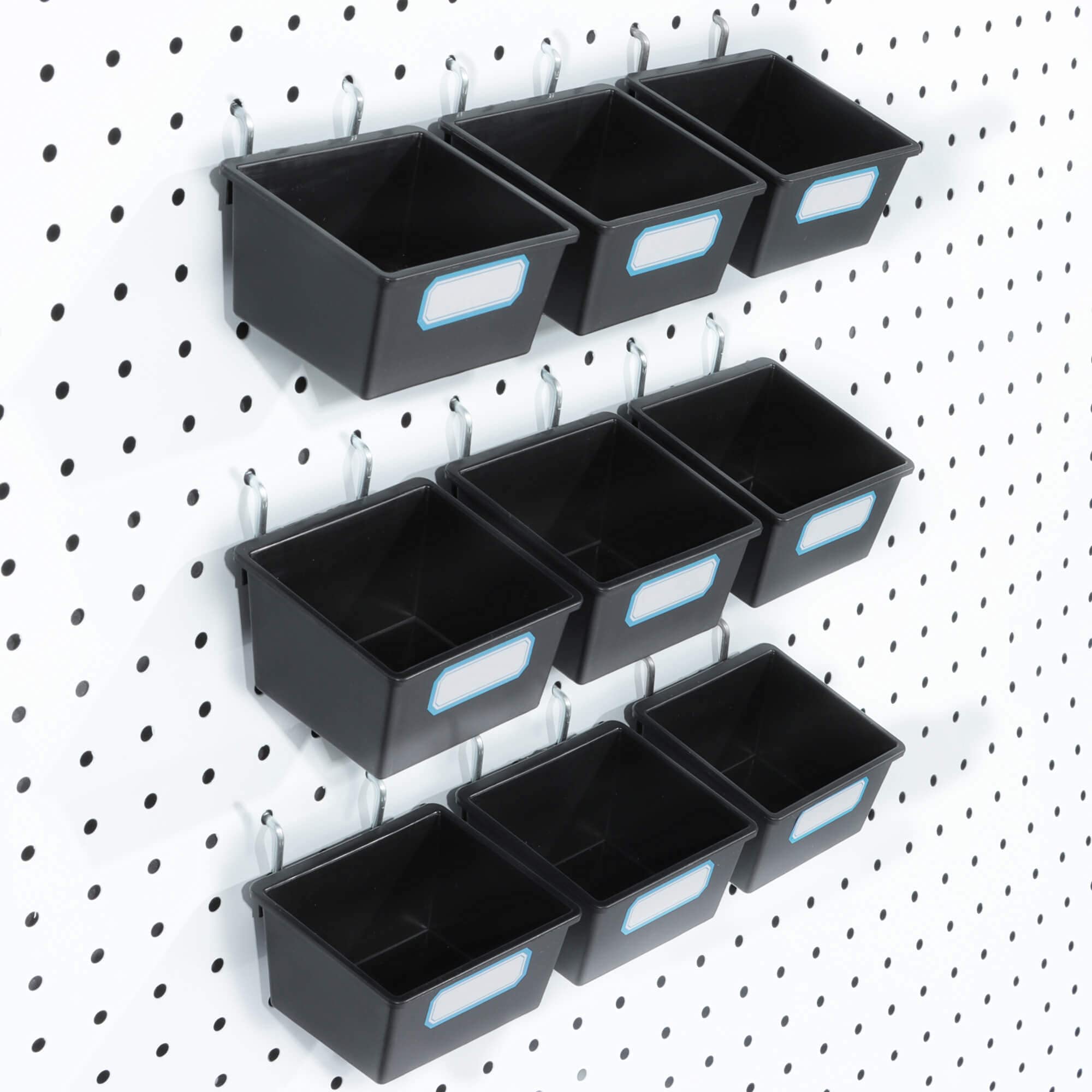 FRIMOONY 16 Pack Black Pegboard Bins with Hooks & Labels - Wall Mount Storage Organizer for Tools, Craft Supplies, Garage & Workshop Organization - Perfect for Home, Office & DIY Projects