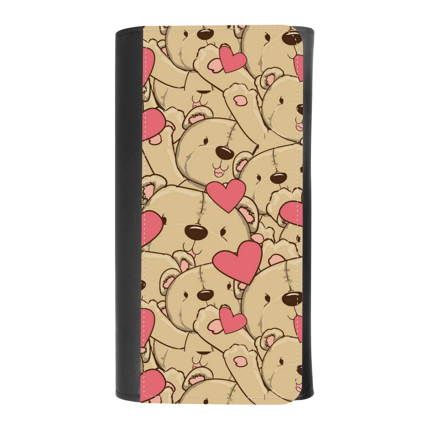 Women's Leather Wallet with Card Holder & Phone Pocket - Teddy Bear & Heart Pattern for Daily Use