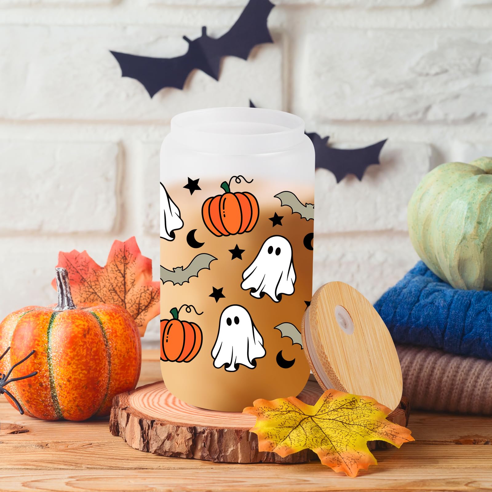 16oz Halloween Pumpkin Ghost Tumbler with Lid & Straw - Cute Spooky Glass Cup for Iced Coffee, Smoothies - Perfect Halloween Gift for Women, Kids, Teens, Adults - Great for Fall Parties, Trick-or-Treating & Seasonal Drinks