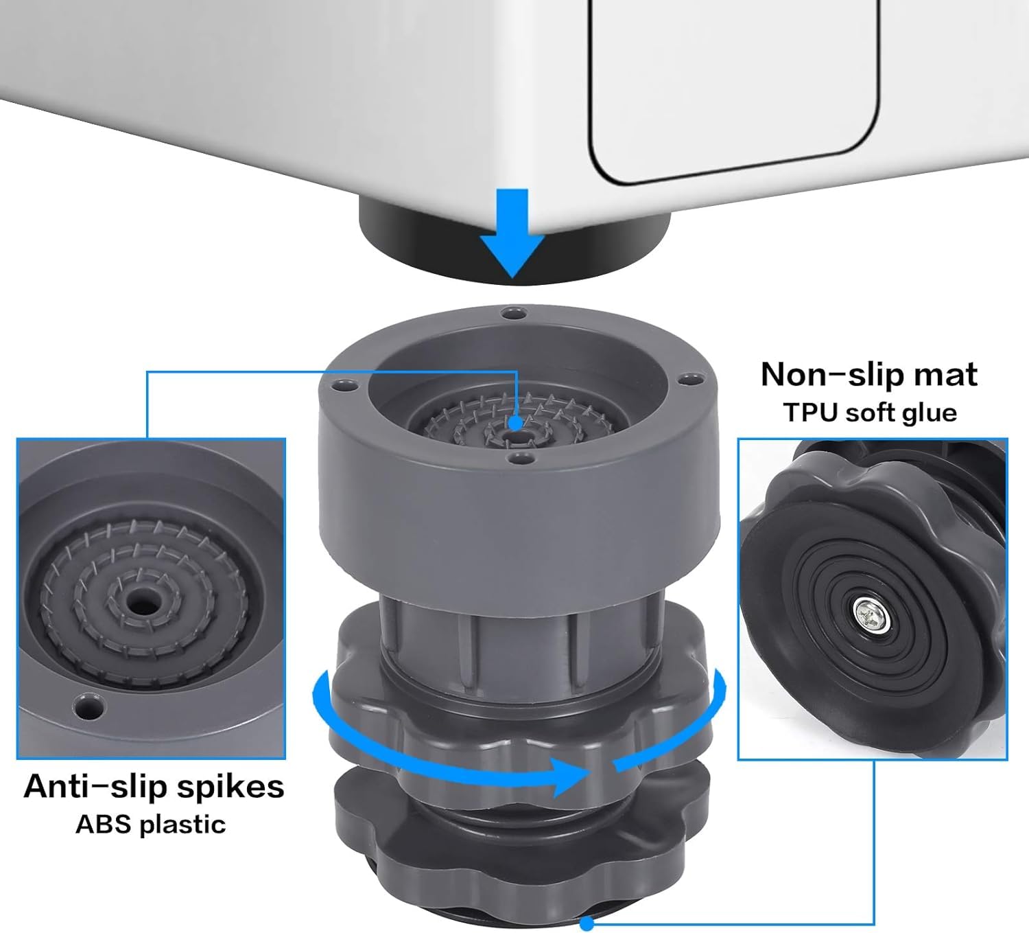 BIYALI Washing Machine Vibration Pads - 4-Pack Adjustable Anti-Vibration Pads for Washer & Dryer, Noise Reduction & Shock Absorbing Feet for Refrigerator, Washing Machine Leveling & Stability - Perfect for Laundry Room, Basement & Apartment Use