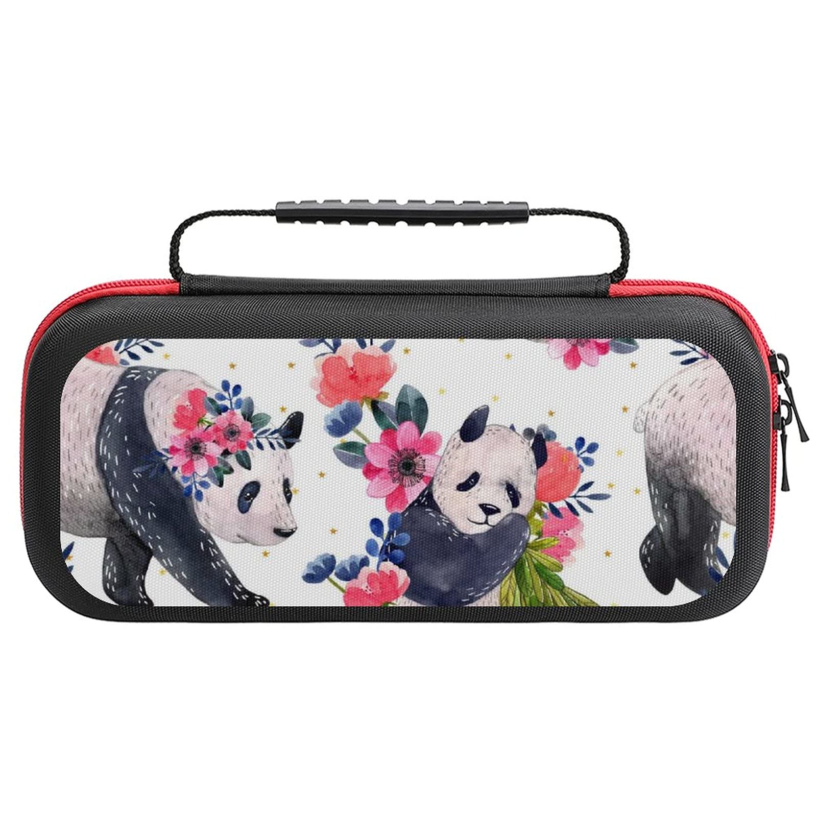 Watercolor Pandas and Flowers Printed Carrying Case for Nintendo Switch Lite - Travel Storage Bag with Accessories Pouch | Perfect for Gaming On-The-Go, Commuting, and Travel Protection