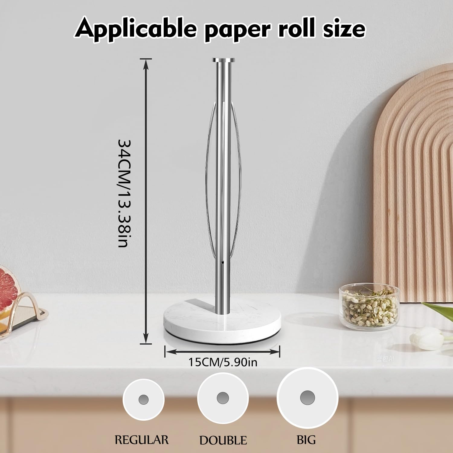 YIGII Silver Countertop Paper Towel Holder with Heavy Marble Base - One-Handed Tear Kitchen Roll Stand for Standard Paper Towels | Perfect for Kitchen Countertops, Office Break Rooms & Bathroom Storage