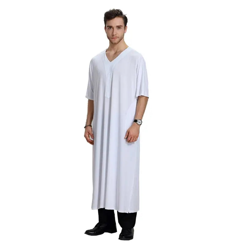 Arab Middle East V-Neck Short Sleeve Men's Robe Thobe Thawb - Comfortable Islamic Prayer Dress for Daily Wear & Special Occasions