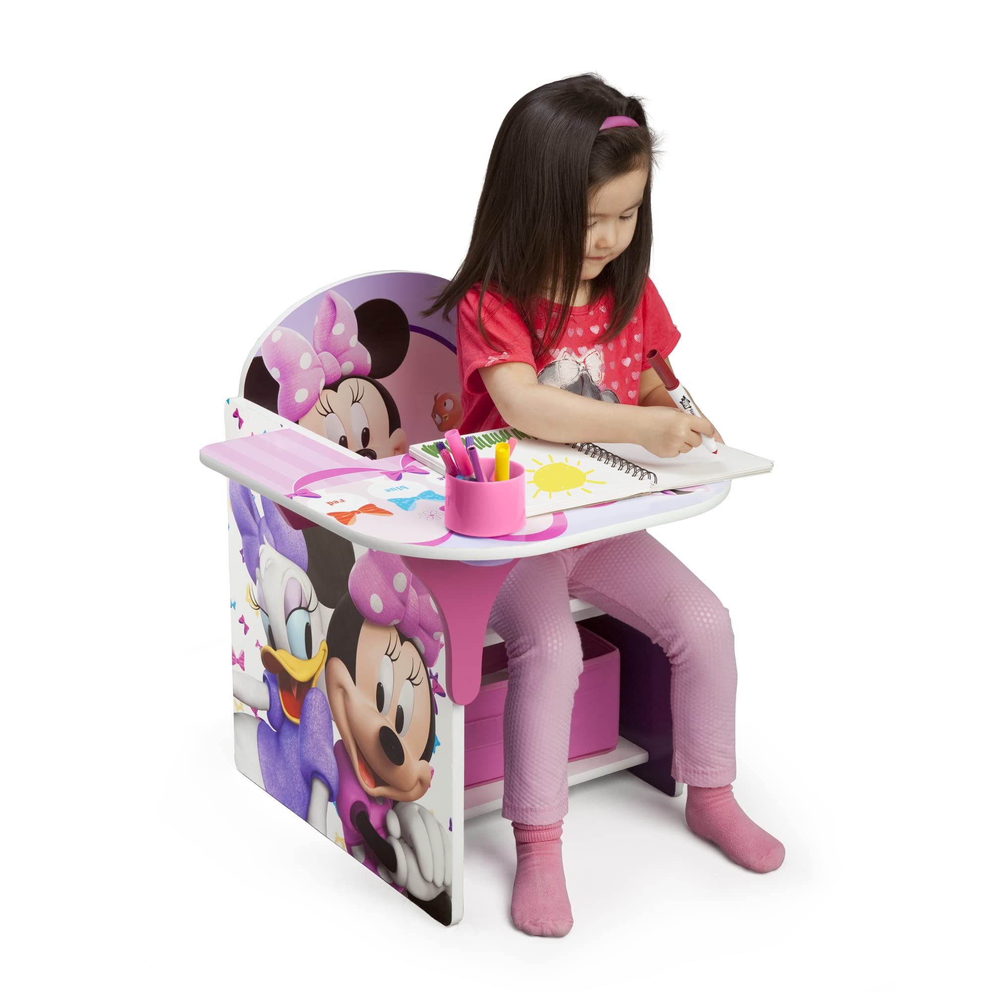 Delta Children 6-Bin Toy Storage Organizer with Disney Minnie Mouse Chair & Desk - Kids Playroom Organization Solution for Toys, Books & Art Supplies