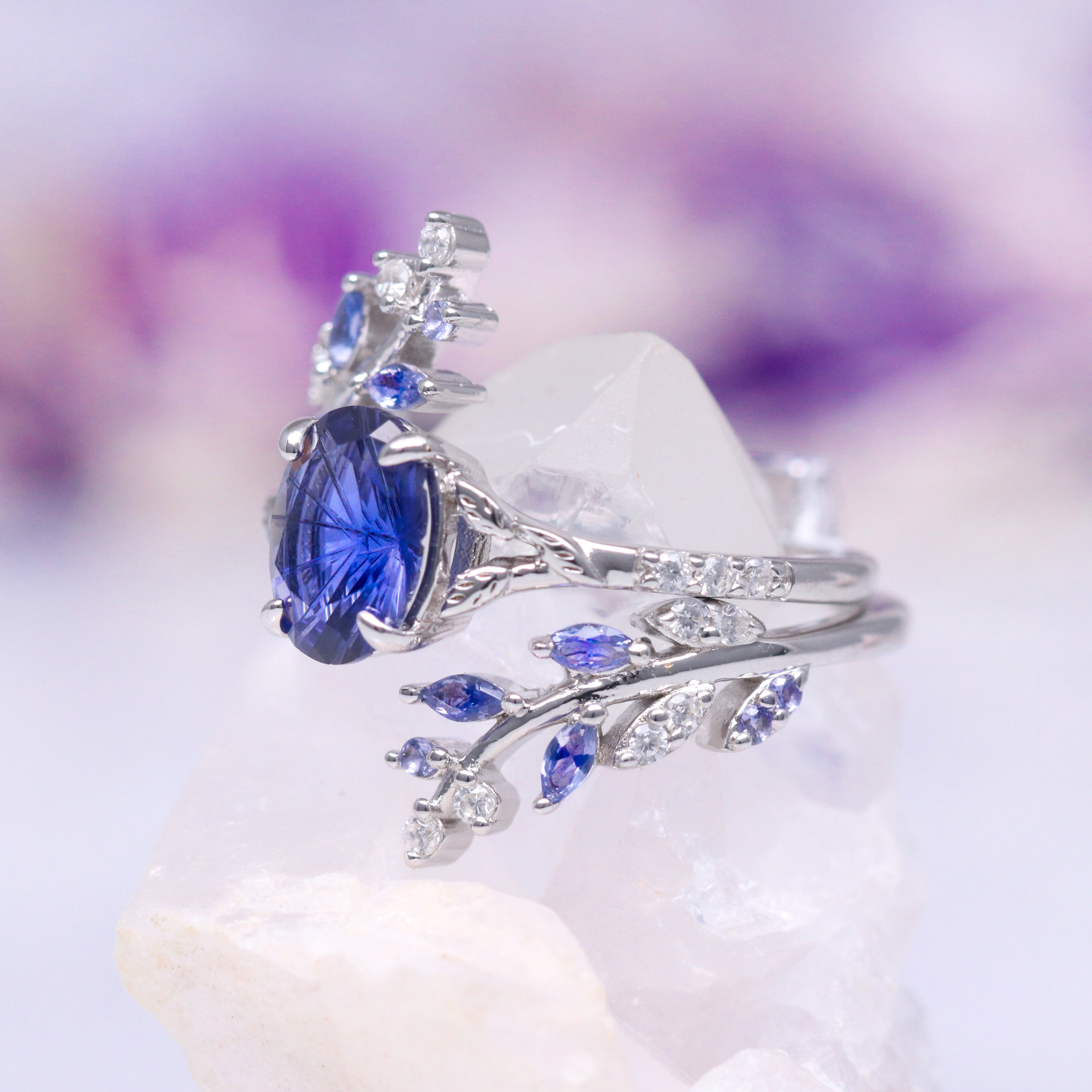 Fantasy Star Cut Cornflower Sapphire Leaf Ring Set - Sterling Silver Jewelry for Women, Elegant Gift for Her, Perfect for Weddings, Parties & Special Occasions
