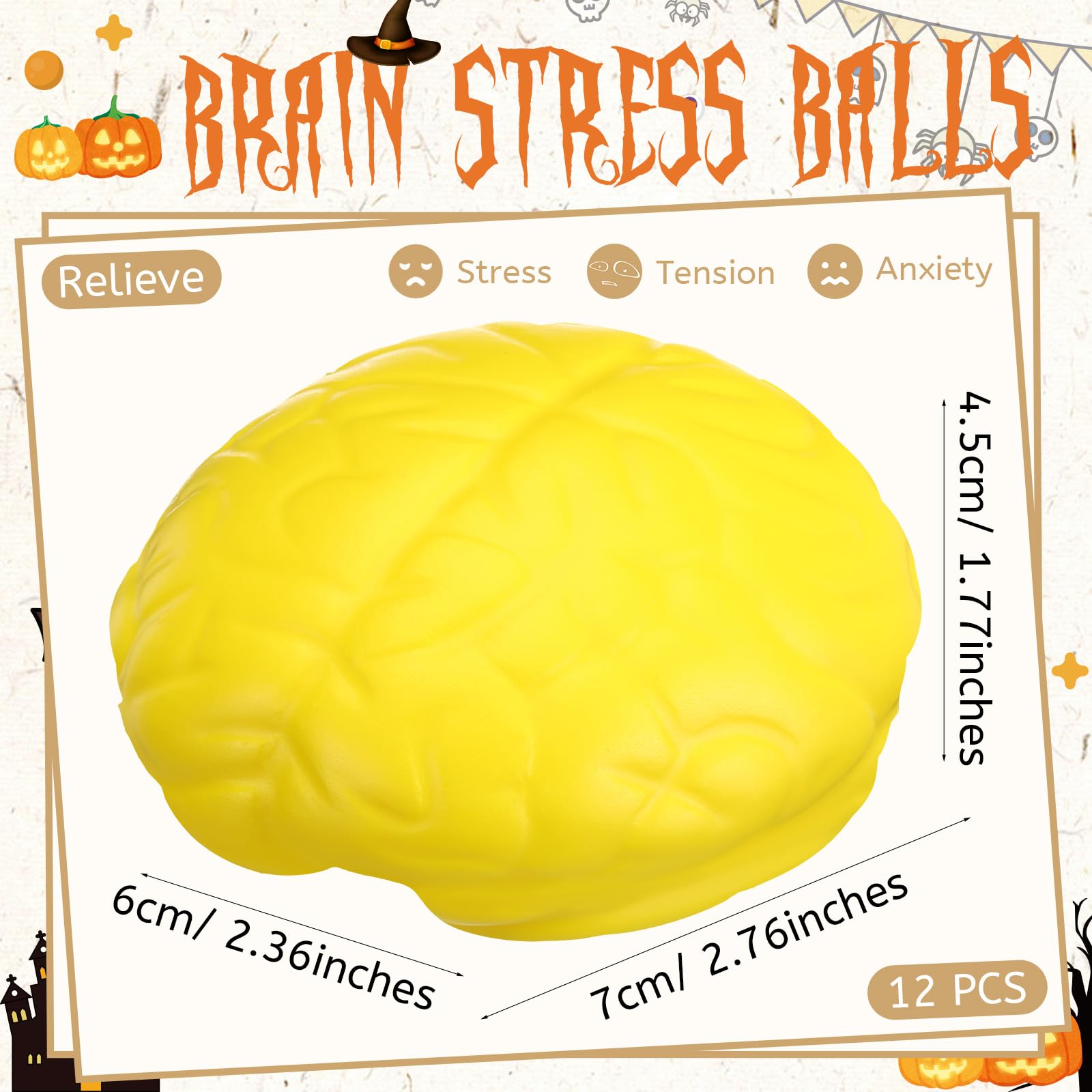 12 Pack Brain Stress Balls - Halloween Party Favors, PU Hand Exercise Balls for Stress Relief & Grip Strength Training - Fun Sensory Toys for Teens & Adults - Great for Office, Classroom, and Therapy Use (Yellow)