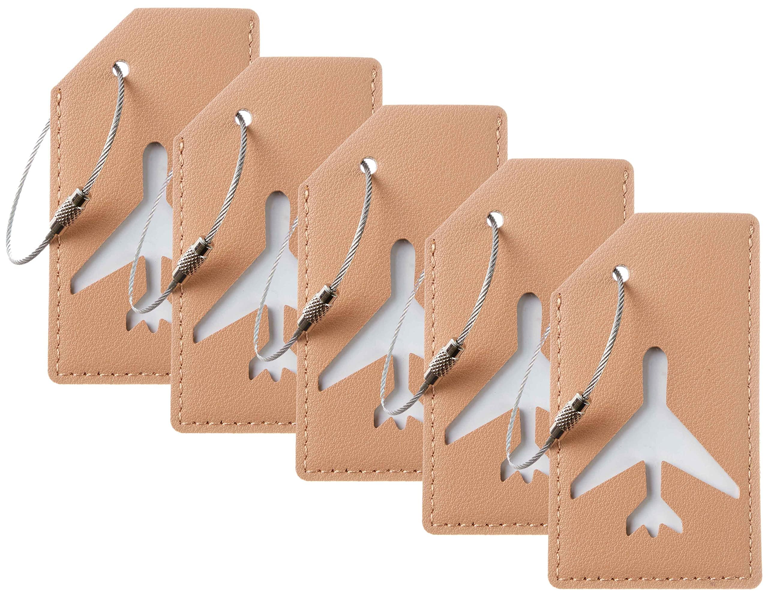 Gostwo 5 Pack Durable Stainless Steel Luggage Tags with Loop - Tan Color for Travel Bags, Suitcases & Backpacks | Perfect for Airports, Hotels & Cruise Vacations