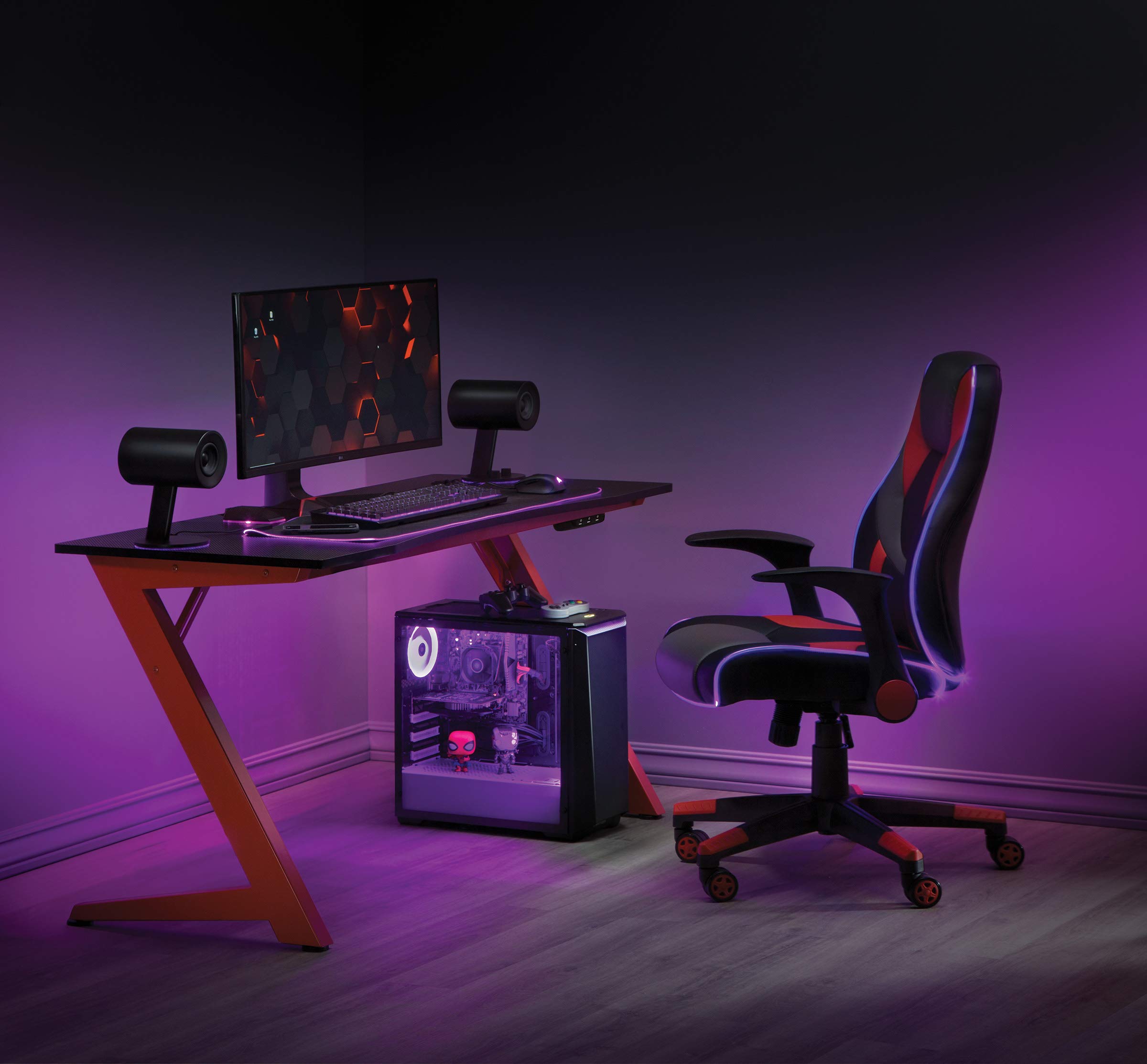 OSP Home Furnishings Beta Battlestation Gaming Desk with Bluetooth RGB LED Lights, Matte Red - Ergonomic Computer Desk for Streaming & Esports - Perfect for Gaming Setup, Home Office & Workstation