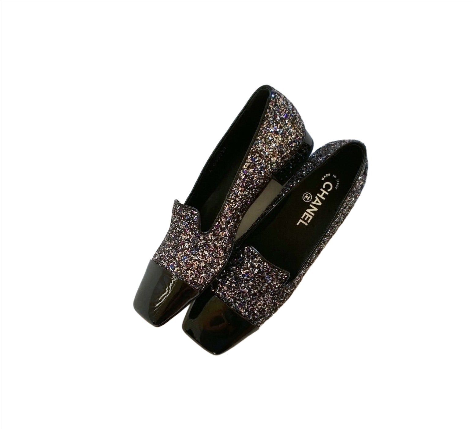 Chanel CC Glitter Loafers - Black Patent Leather Cap Toe Flat Shoes for Women | Perfect for Parties, Weddings & Evening Events