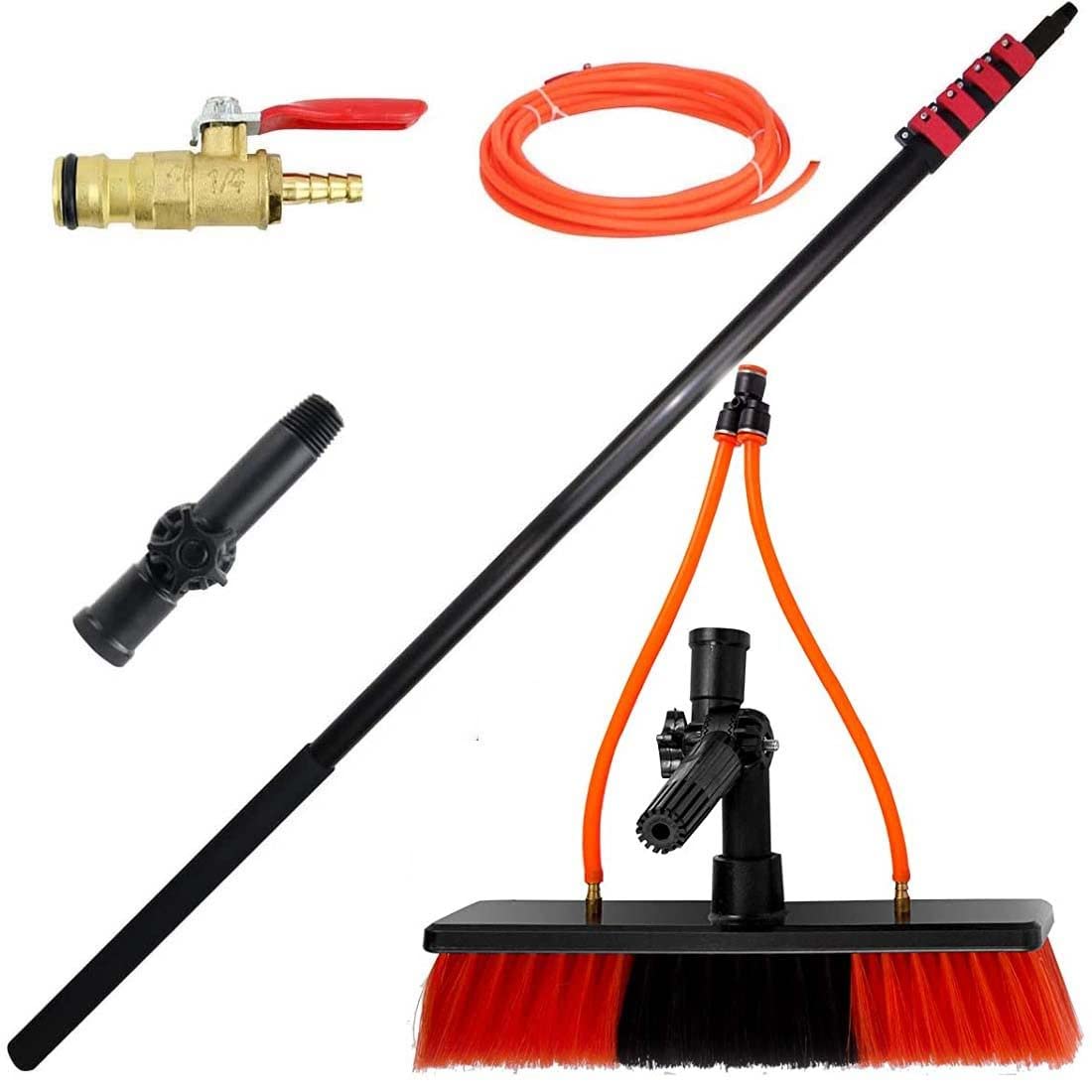 Extendable Water Spray Pole Brush - 20FT/6M Telescopic Window Washing Tool with Dual Water Outlets for Glass, Roof & Solar Panel Cleaning | Perfect for High Windows, Skylights & Photovoltaic Maintenance