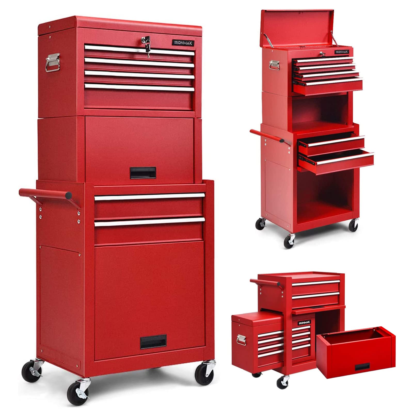 Goplus 6-Drawer Rolling Tool Chest with Auto Locking System - 3-in-1 Tool Organizer with Lockable Wheels, Sliding Drawers & Detachable Top - Heavy Duty Tool Storage Cabinet for Garage, Workshop & DIY Projects (Red) - Perfect for Mechanics, Carpenters & Home Improvement