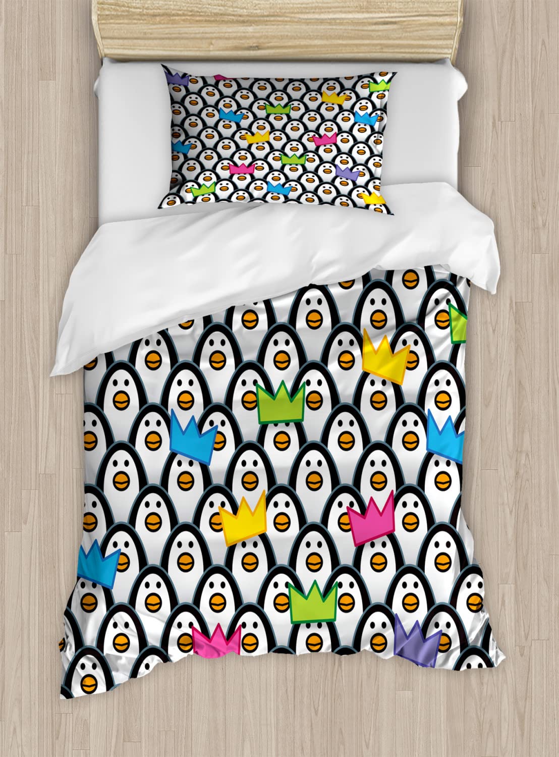 Ambesonne Sea Animals Duvet Cover Set - Cute Penguins in Party Hats Design, Twin Size 2-Piece Bedding Set with 2 Pillowcases, Soft Microfiber for Kids & Teens Room Decor - Perfect for Birthday Parties, Winter Themed Bedrooms, and Polar Animal Lovers