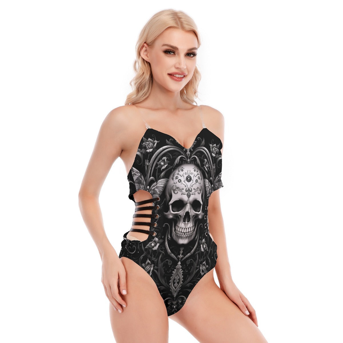 Goth Skull Tube Top Bodysuit with Black Side Straps - Edgy Gothic Fashion for Women, Halloween Costume, Rave Outfit & Alternative Streetwear