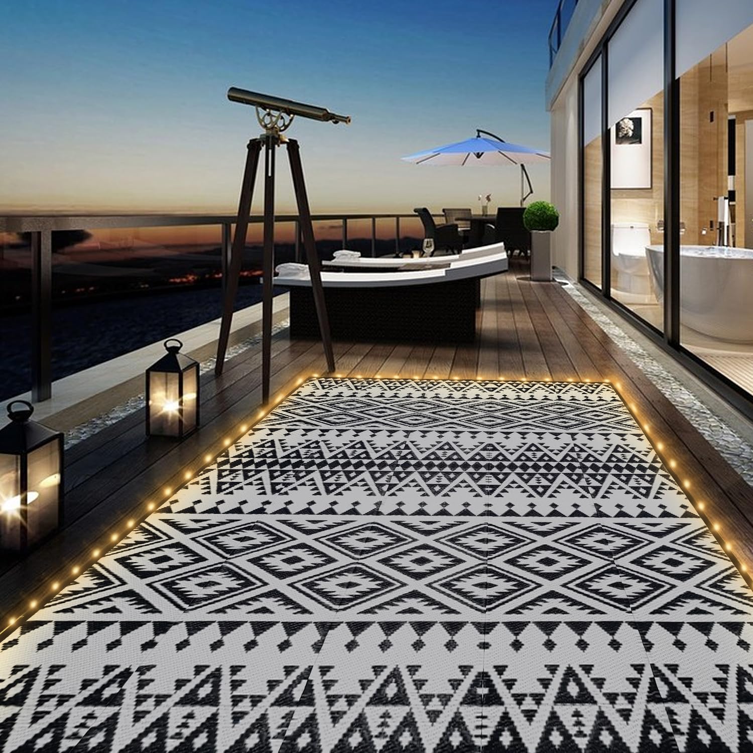 **8x10ft Waterproof Reversible Outdoor Rug with LED Strip Lights – Plastic Straw Mat for Patio, Deck, RV, Camping, Porch, Backyard & Balcony – Black & White Design – Perfect for Nighttime Gatherings & Outdoor Decor**