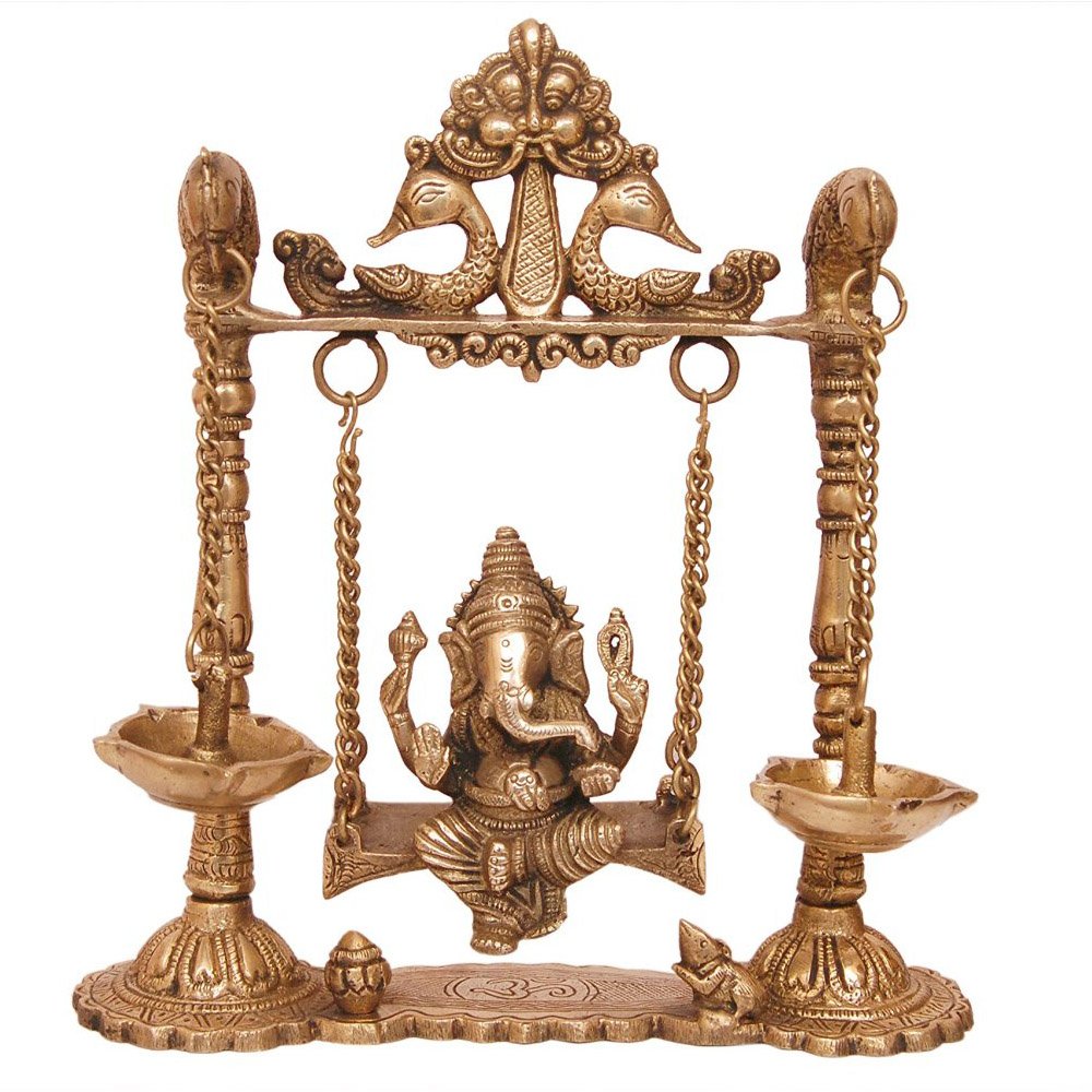 Handcrafted Brass Ganesha Swing with Peacock Design & Oil Lamp - Indian Home Decor for Table, Temple & Spiritual Spaces - Perfect for Meditation Rooms, Yoga Studios & Gift Giving