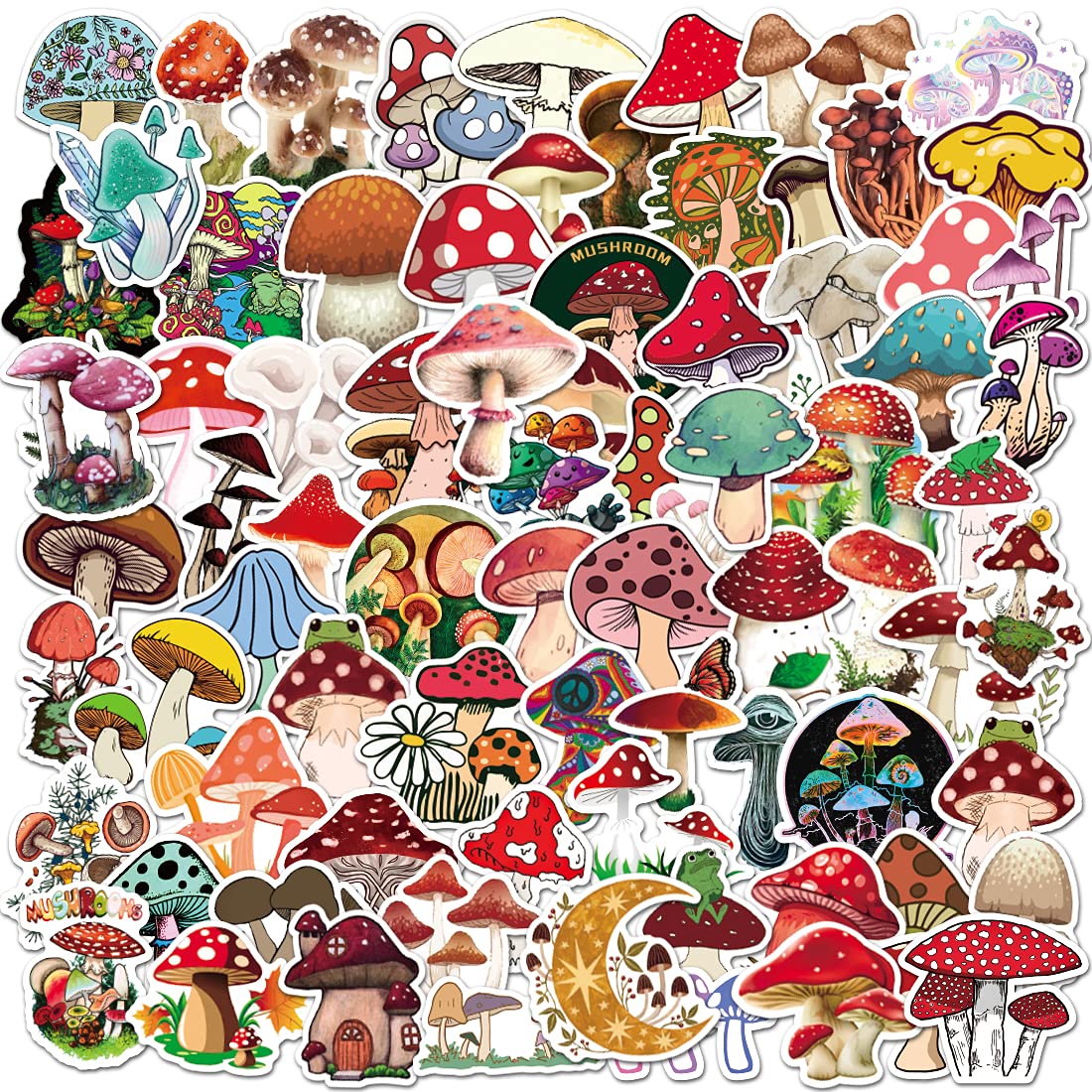 100Pcs Waterproof Mushroom Stickers Pack - Vinyl Decals for Hydro Flask, Water Bottles, Laptops, MacBook, Phone Cases - Perfect for DIY Crafts, Scrapbooking & Personalizing Accessories