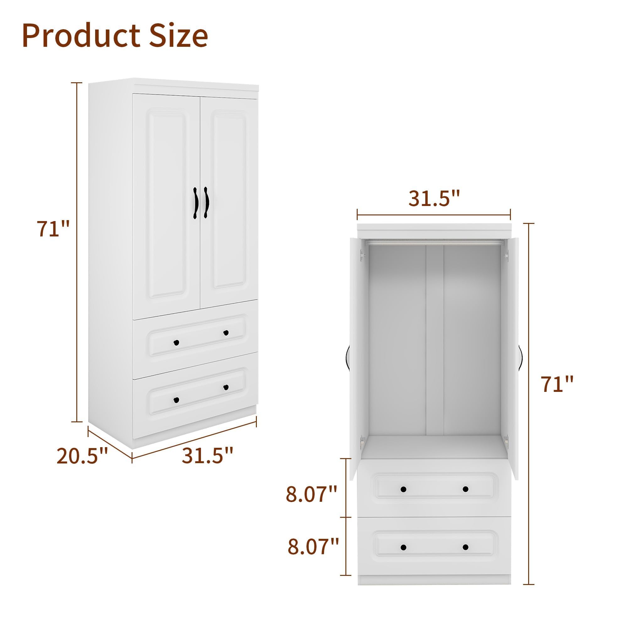 White Wardrobe Closet with 2 Doors & 2 Drawers - Freestanding Storage Cabinet with Hanging Rod for Clothes, Bedroom & Closet Organization | Perfect for Apartments, Dorms & Small Spaces