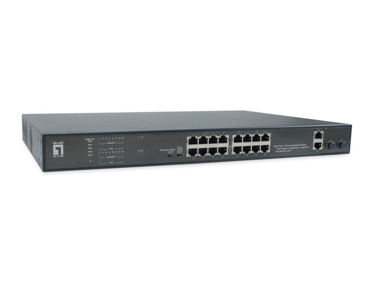 LevelOne FGP-2031 Unmanaged Fast Ethernet Switch (10/100) with Power Over Ethernet (PoE) - 1U Rack Mount, Black - Ideal for Small Office Network Setup & Home Surveillance Systems