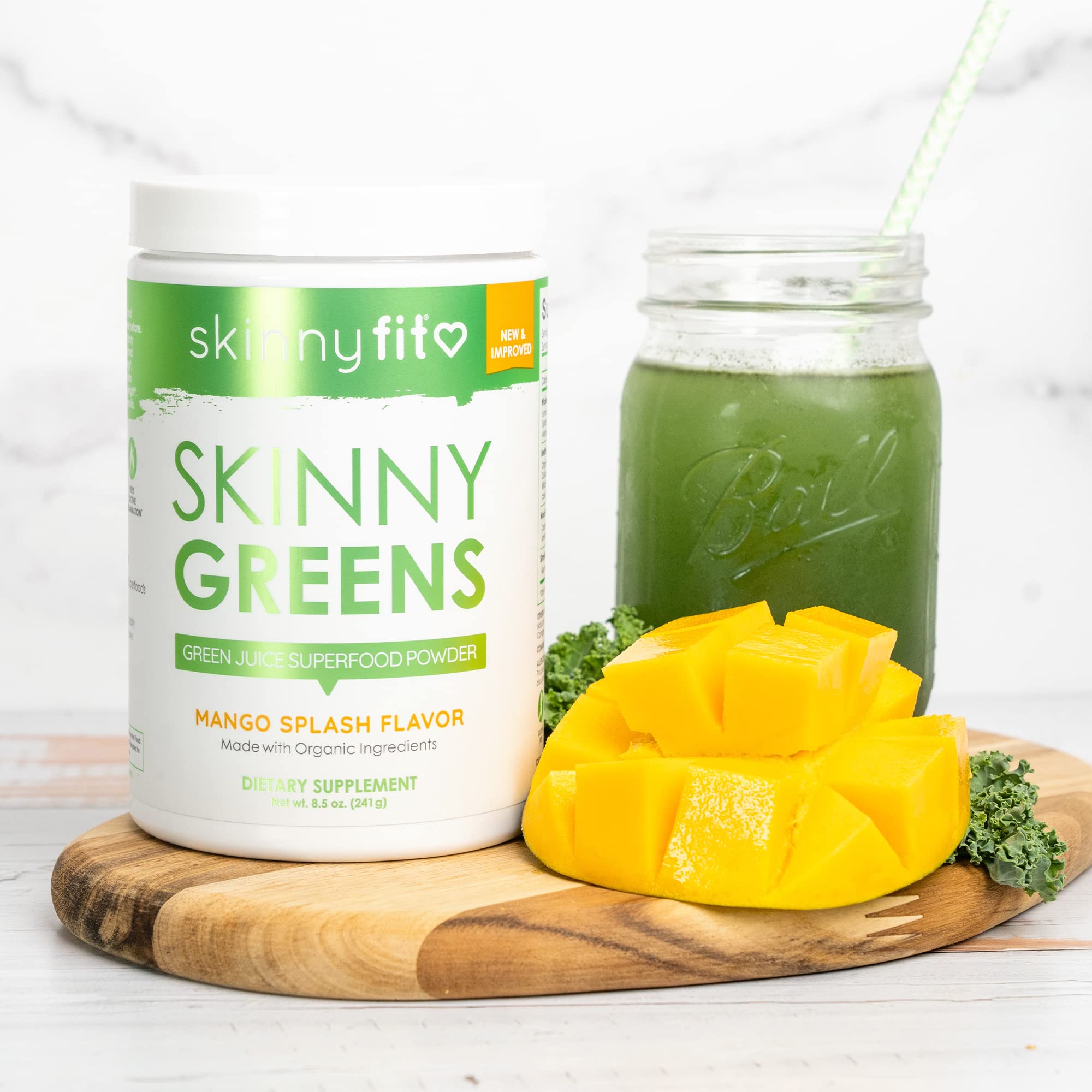 SkinnyFit Mango Splash Skinny Greens Superfood Powder - Natural Energy & Focus Booster with Spirulina & Chlorella, Reduces Bloating, 30 Servings - Perfect for Smoothies, Detox & Daily Wellness Routine