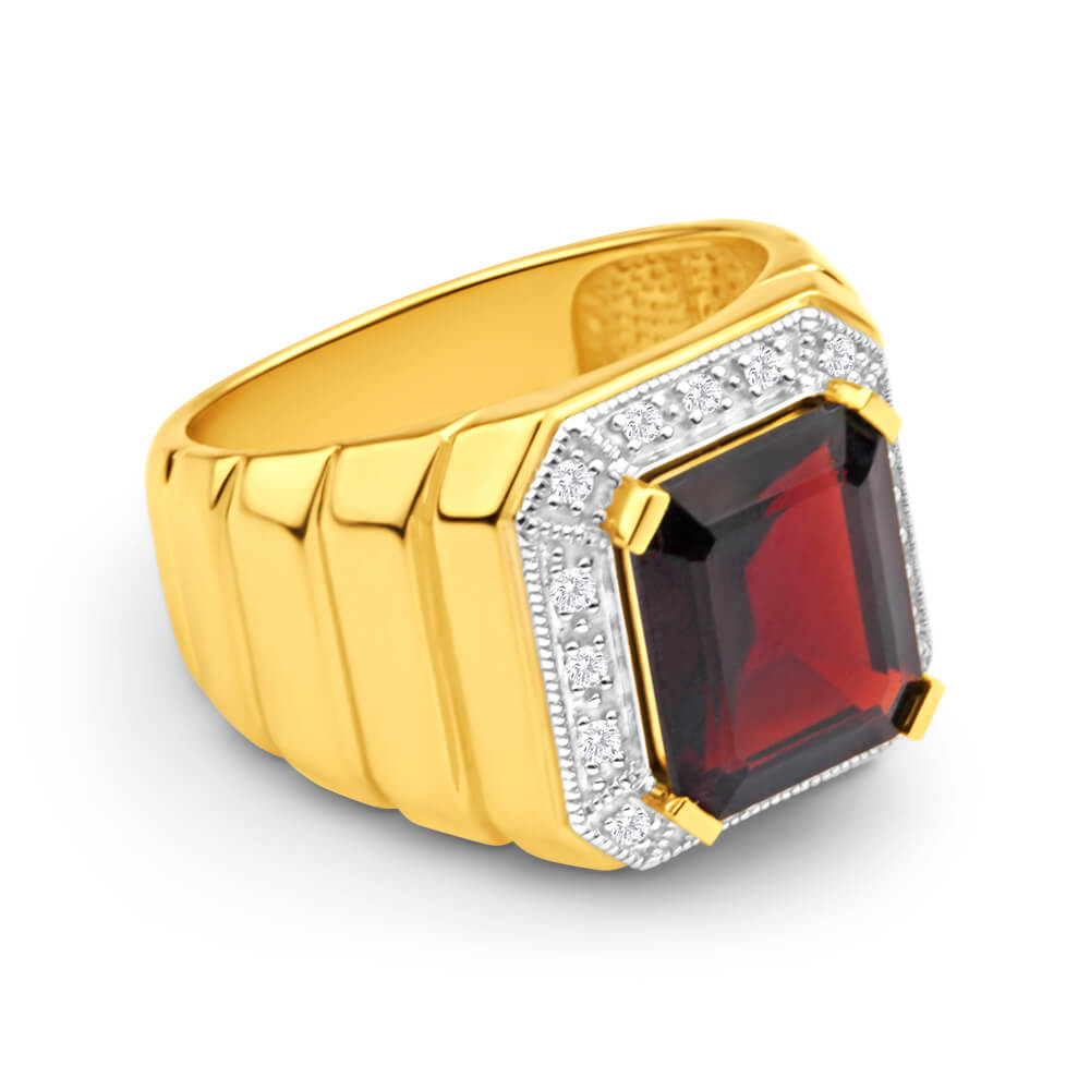 9ct Yellow Gold 12x10mm Emerald Cut Garnet and Diamond Halo Men's Ring - Elegant Jewelry Gift for Anniversary, Wedding & Special Occasions